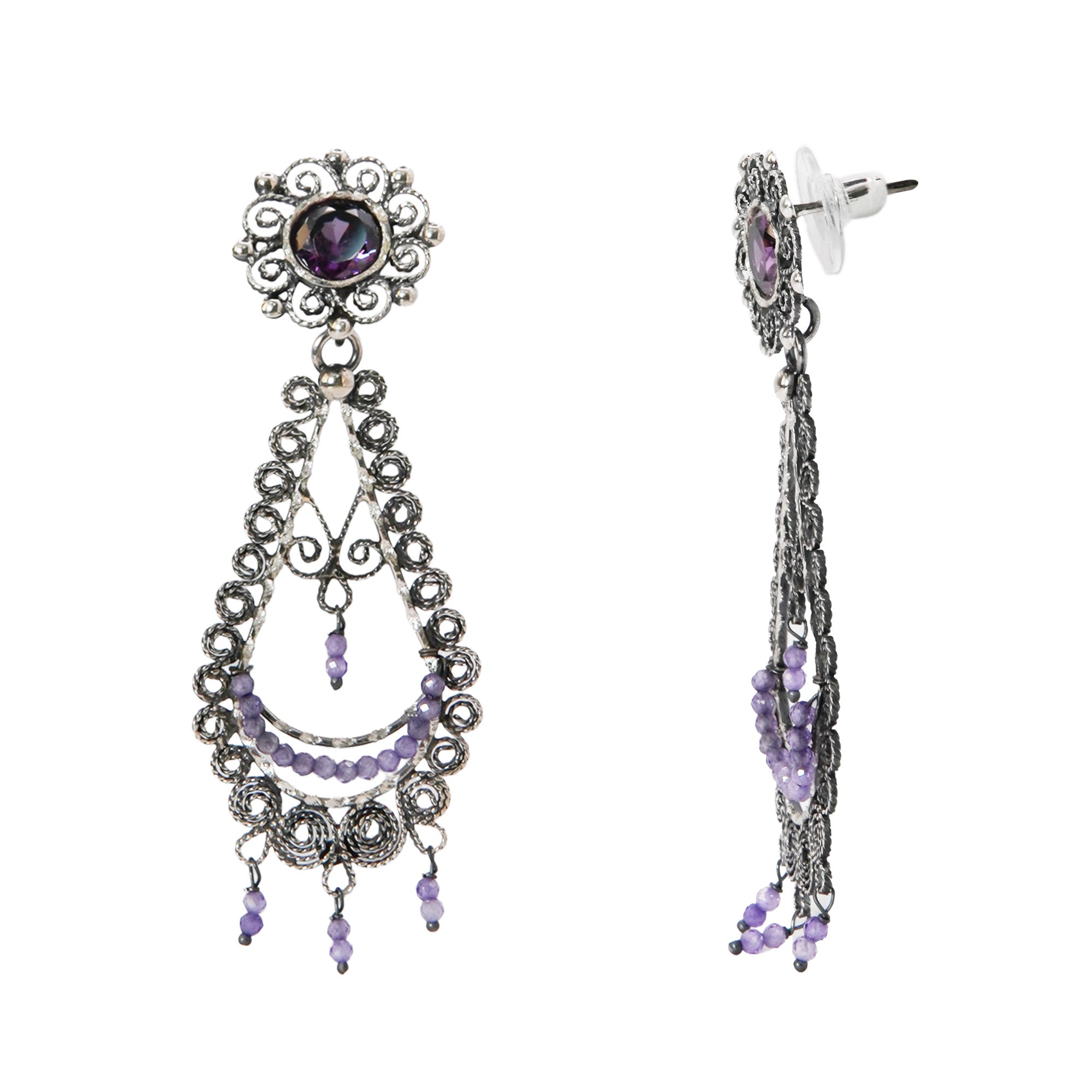 Aretes Filigrana Gota Larga 6 cm con Flor de Circonia y Amatista Hecho a Mano Plata .925 Oxidada