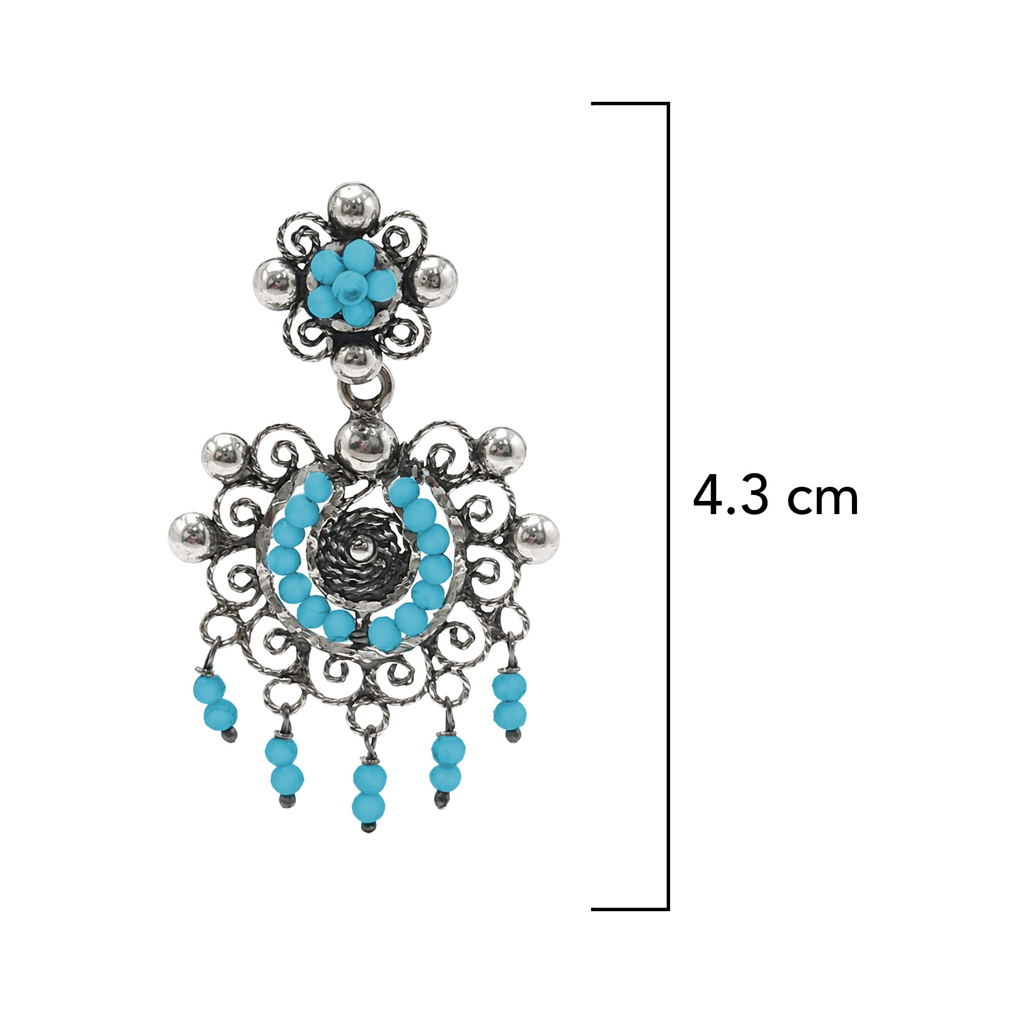 Arete Filigrana Media Luna Chico Piedra Natural Turquesa Hecho a Mano Plata .925 Oxidado