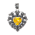 Dije Filigrana Corazón 5.3 cm Circonia Amarilla y Piedra Gris Hematite, Hecho a Mano Plata .925 Oxidado