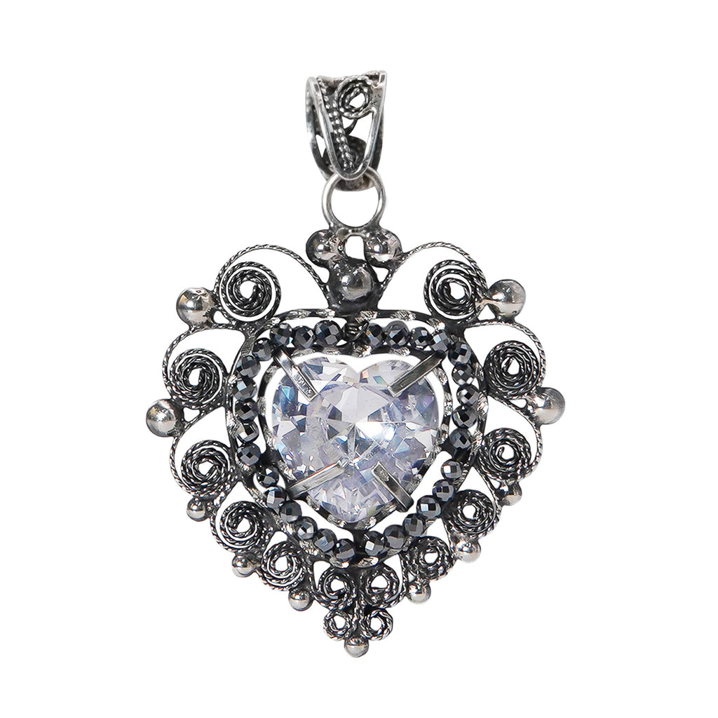 Dije Filigrana Corazón 5.3 cm Circonia Blanca y Piedra Gris Hematite, Hecho a Mano Plata .925 Oxidado