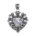 Dije Filigrana Corazón 5.3 cm Circonia Blanca y Piedra Gris Hematite, Hecho a Mano Plata .925 Oxidado