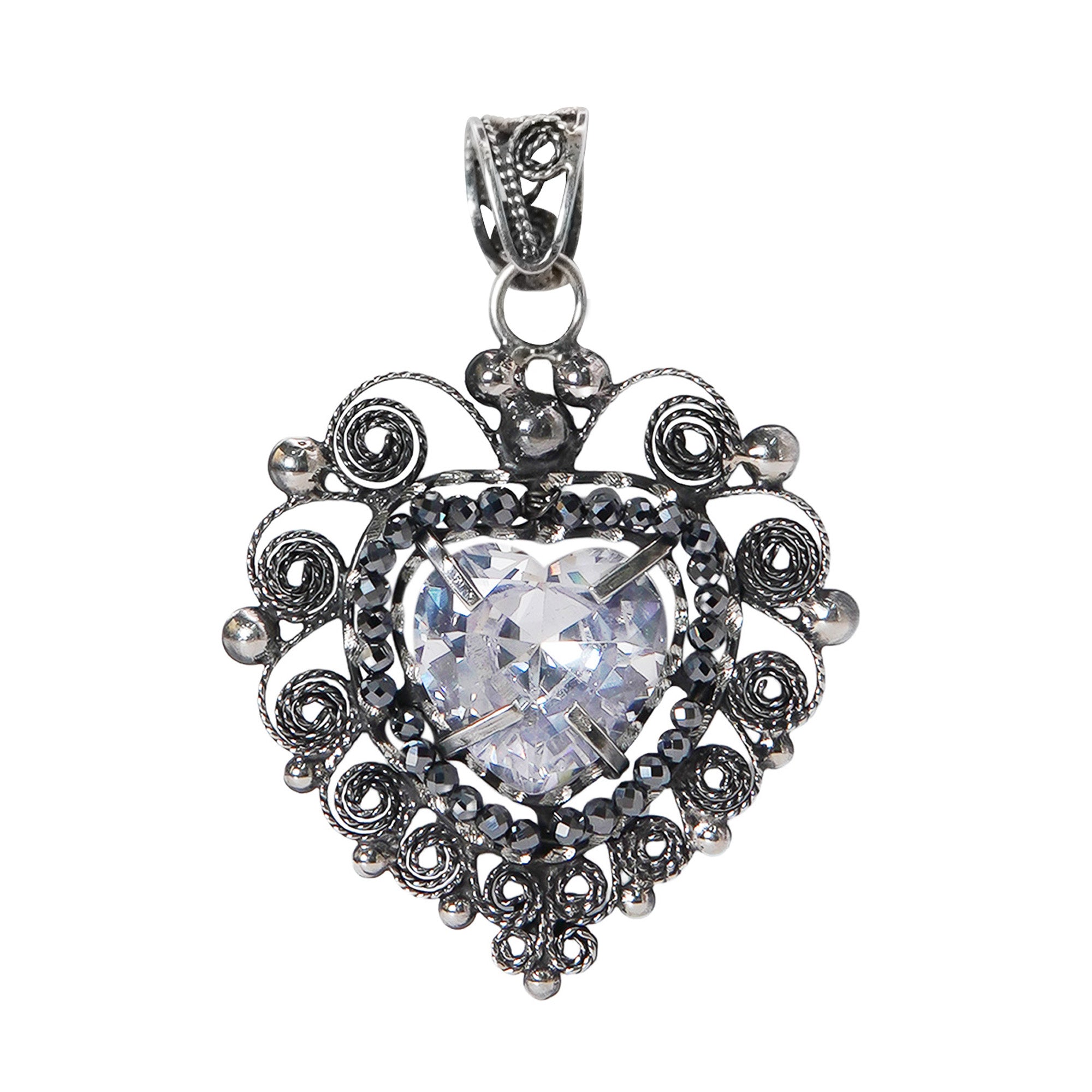 Dije Filigrana Corazón 5.3 cm Circonia Blanca y Piedra Gris Hematite, Hecho a Mano Plata .925 Oxidado
