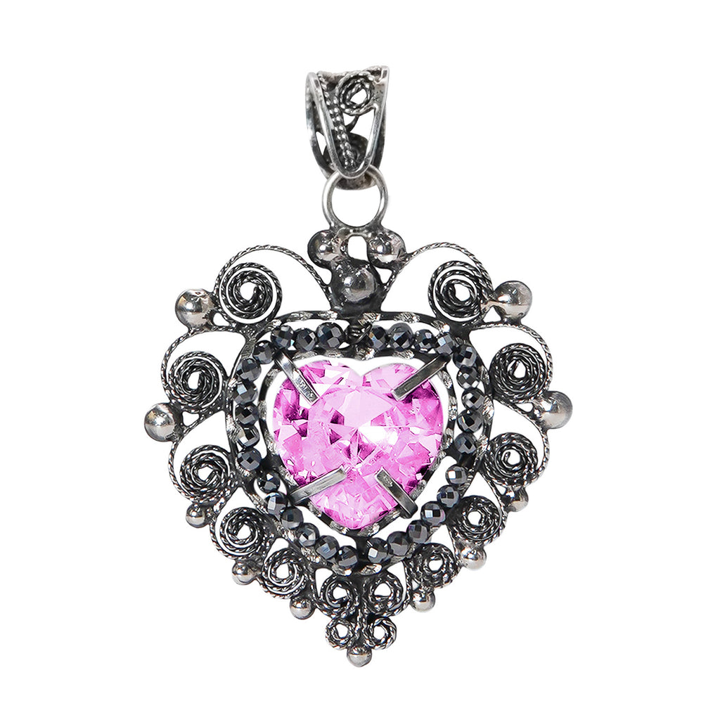 Dije Filigrana Corazón 5.3 cm Circonia Rosa Claro y Piedra Gris Hematite, Hecho a Mano Plata .925 Oxidado