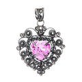 Dije Filigrana Corazón 5.3 cm Circonia Rosa Claro y Piedra Gris Hematite, Hecho a Mano Plata .925 Oxidado