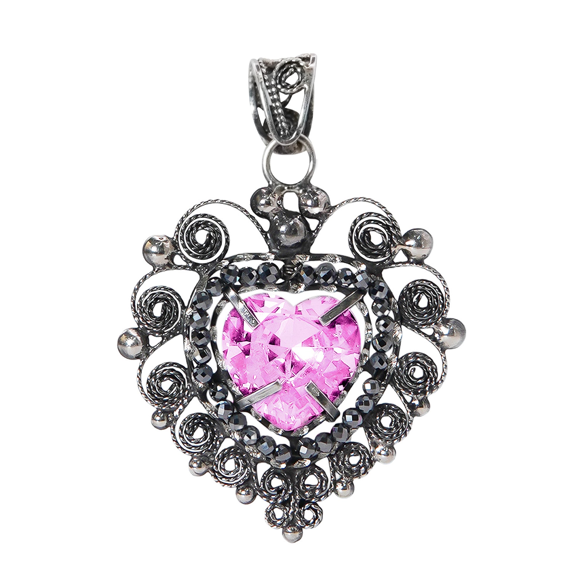 Dije Filigrana Corazón 5.3 cm Circonia Rosa Claro y Piedra Gris Hematite, Hecho a Mano Plata .925 Oxidado