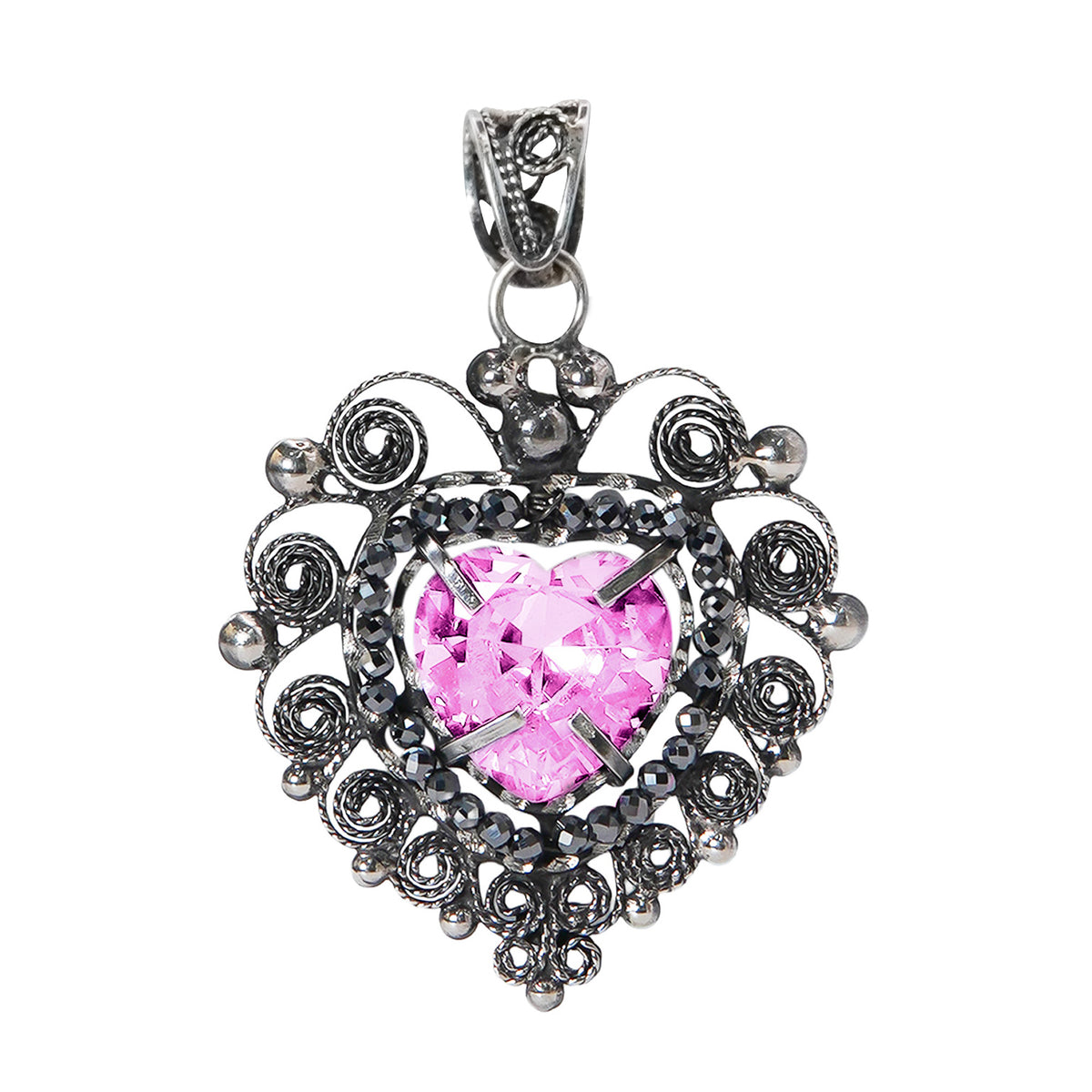 Dije Filigrana Corazón 5.3 cm Circonia Rosa Claro y Piedra Gris Hematite, Hecho a Mano Plata .925 Oxidado