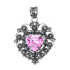 Dije Filigrana Corazón 5.3 cm Circonia Rosa Claro y Piedra Gris Hematite, Hecho a Mano Plata .925 Oxidado