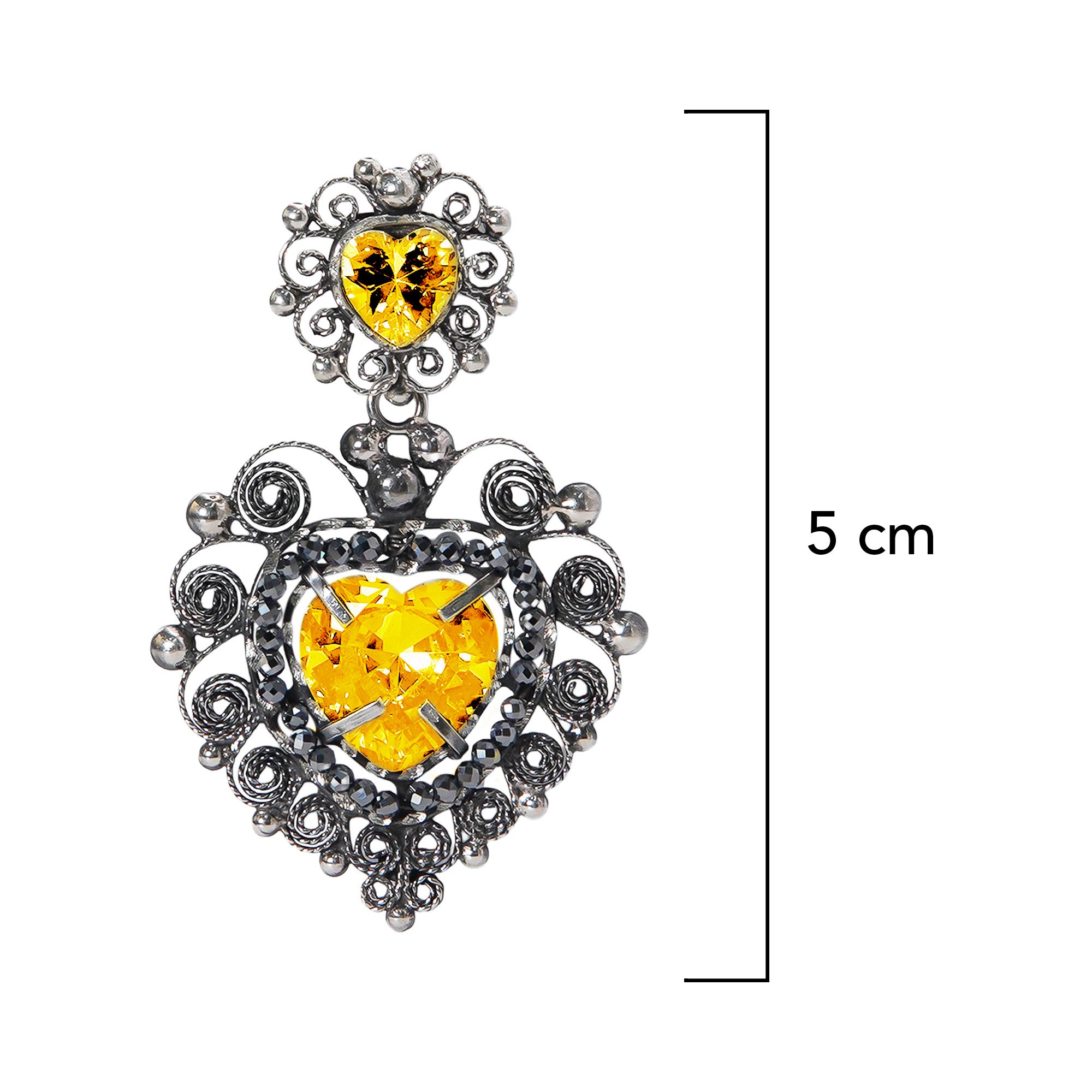 Aretes Filigrana Corazón Doble 5 cm con Circonia Amarilla y Piedra Gris Hematite Distintos Colores Hecho a Mano Plata .925 Oxidado