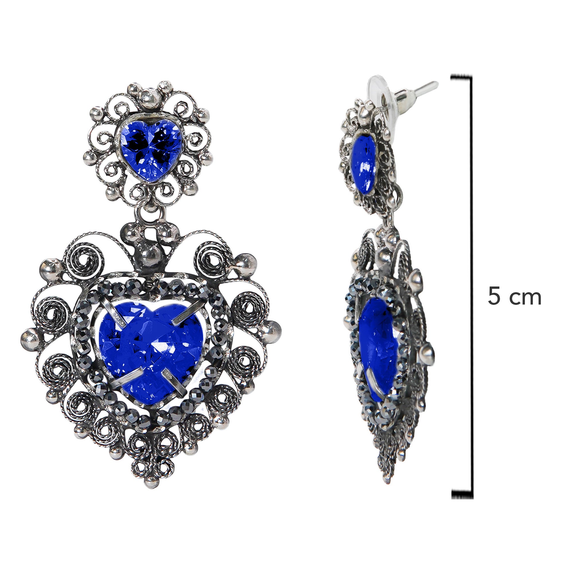 Aretes Filigrana Corazón Doble 5 cm con Circonia Azul Marino y Piedra Gris Hematite Distintos Colores Hecho a Mano Plata .925 Oxidado
