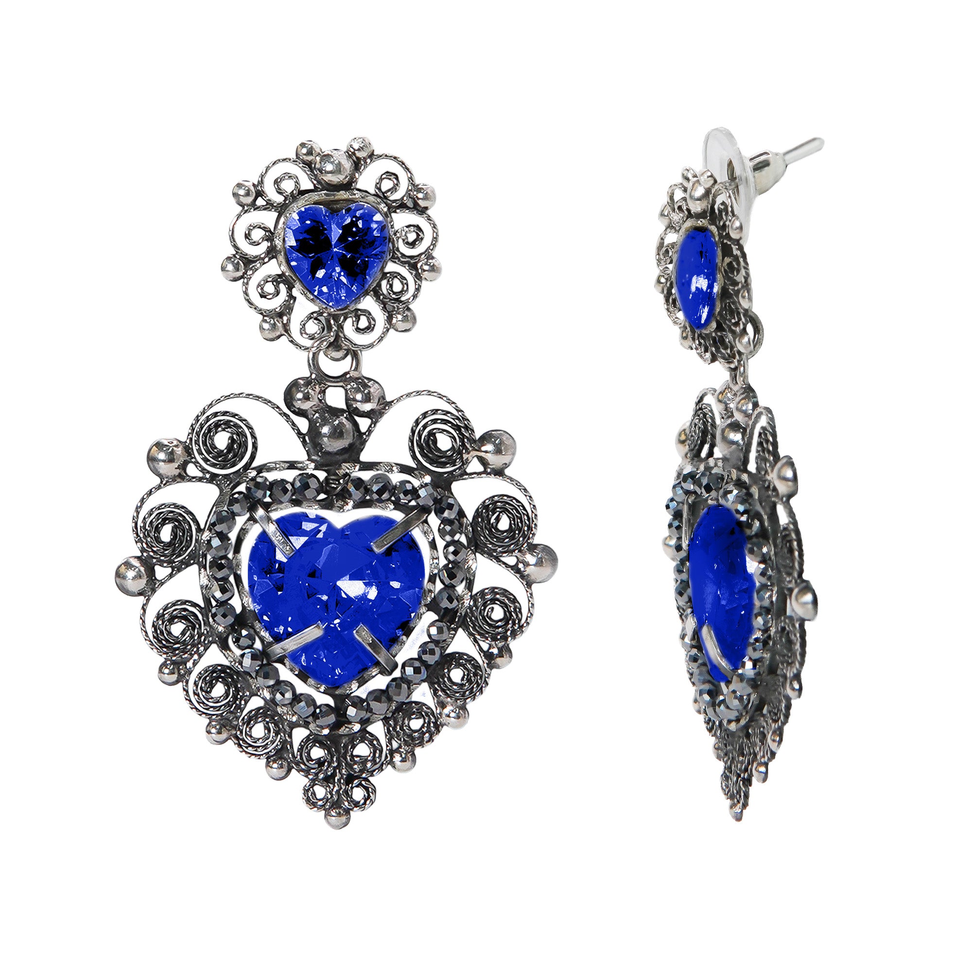 Aretes Filigrana Corazón Doble 5 cm con Circonia Azul Marino y Piedra Gris Hematite Distintos Colores Hecho a Mano Plata .925 Oxidado