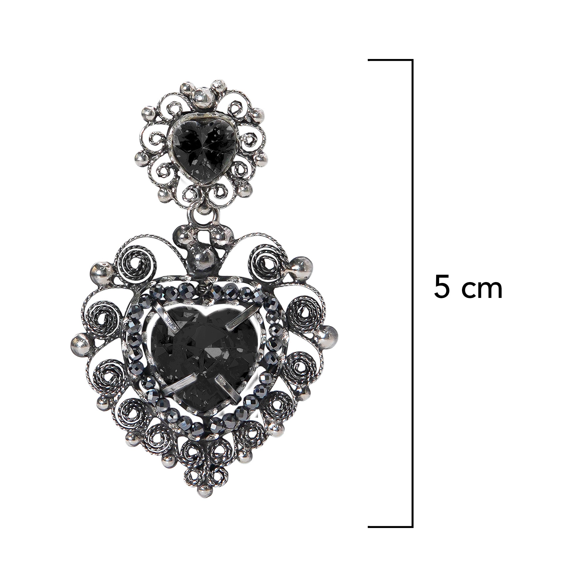 Aretes Filigrana Corazón Doble 5 cm con Circonia Negra y Piedra Gris Hematite Distintos Colores Hecho a Mano Plata .925 Oxidado