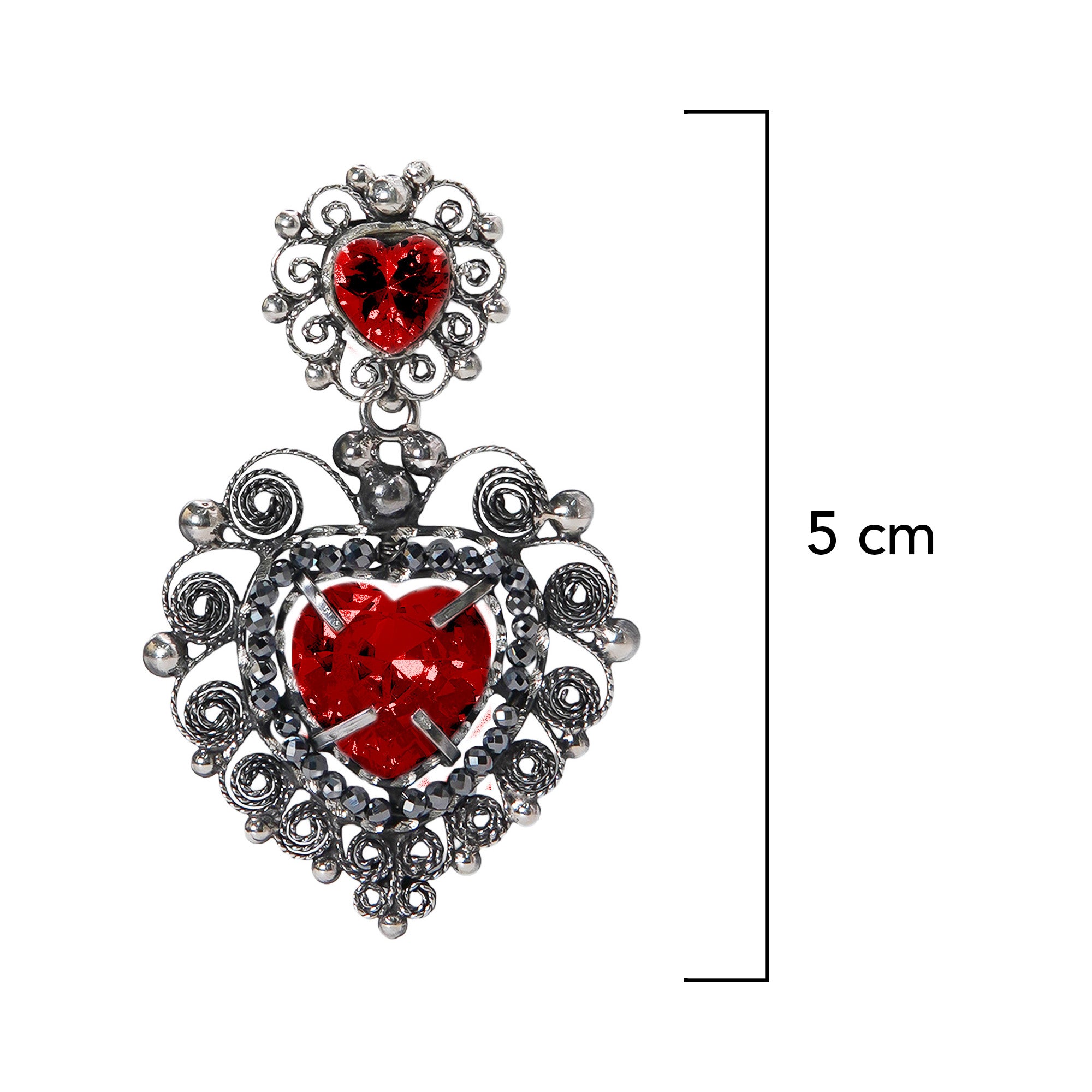 Aretes Filigrana Corazón Rojo Doble 5 cm con Circonia Roja y Piedra Gris Hematite Hecho a Mano Plata .925 Oxidado