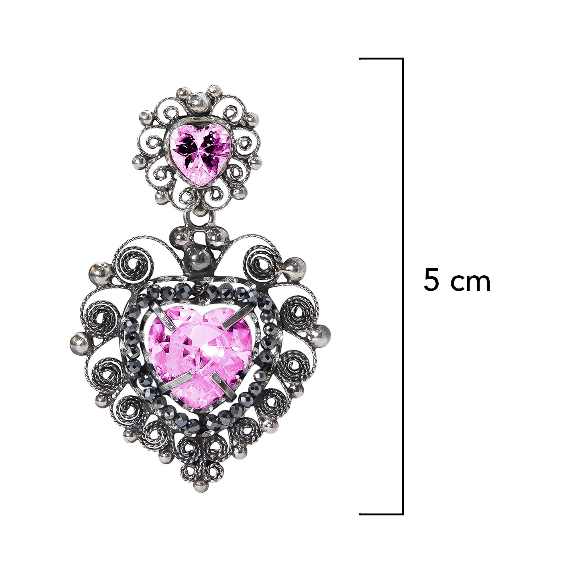 Aretes Filigrana Corazón Doble 5 cm con Circonia Rosa Claro y Piedra Gris Hematite Distintos Colores Hecho a Mano Plata .925 Oxidado