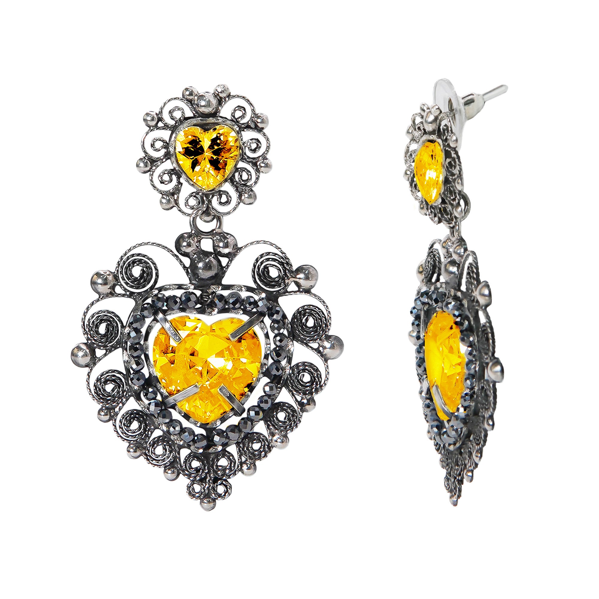 Aretes Filigrana Corazón Doble 5 cm con Circonia Amarilla y Piedra Gris Hematite Distintos Colores Hecho a Mano Plata .925 Oxidado