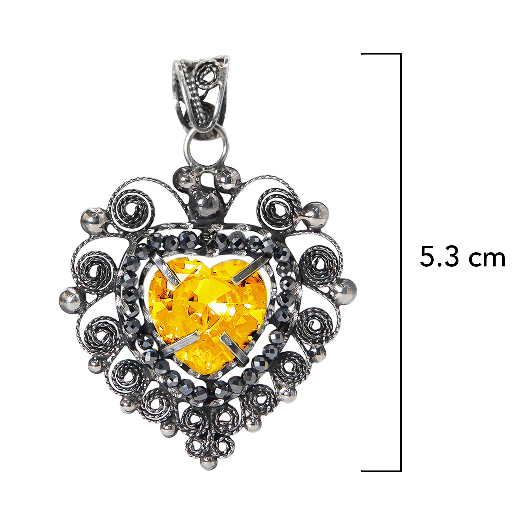 Dije Filigrana Corazón 5.3 cm Circonia Amarilla y Piedra Gris Hematite, Hecho a Mano Plata .925 Oxidado