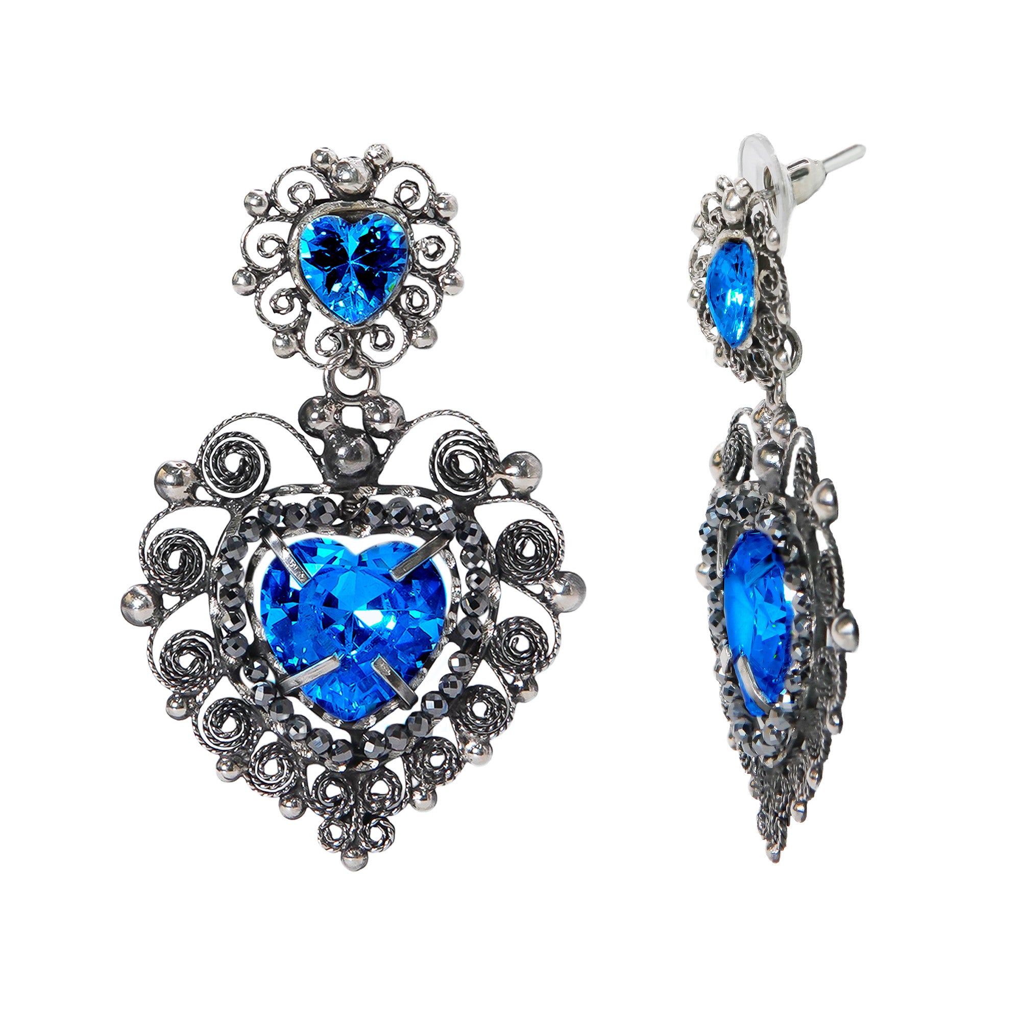 Aretes Filigrana Corazón Doble 5 cm con Circonia Azul Claro y Piedra Gris Hematite Distintos Colores Hecho a Mano Plata .925 Oxidado (Copia)