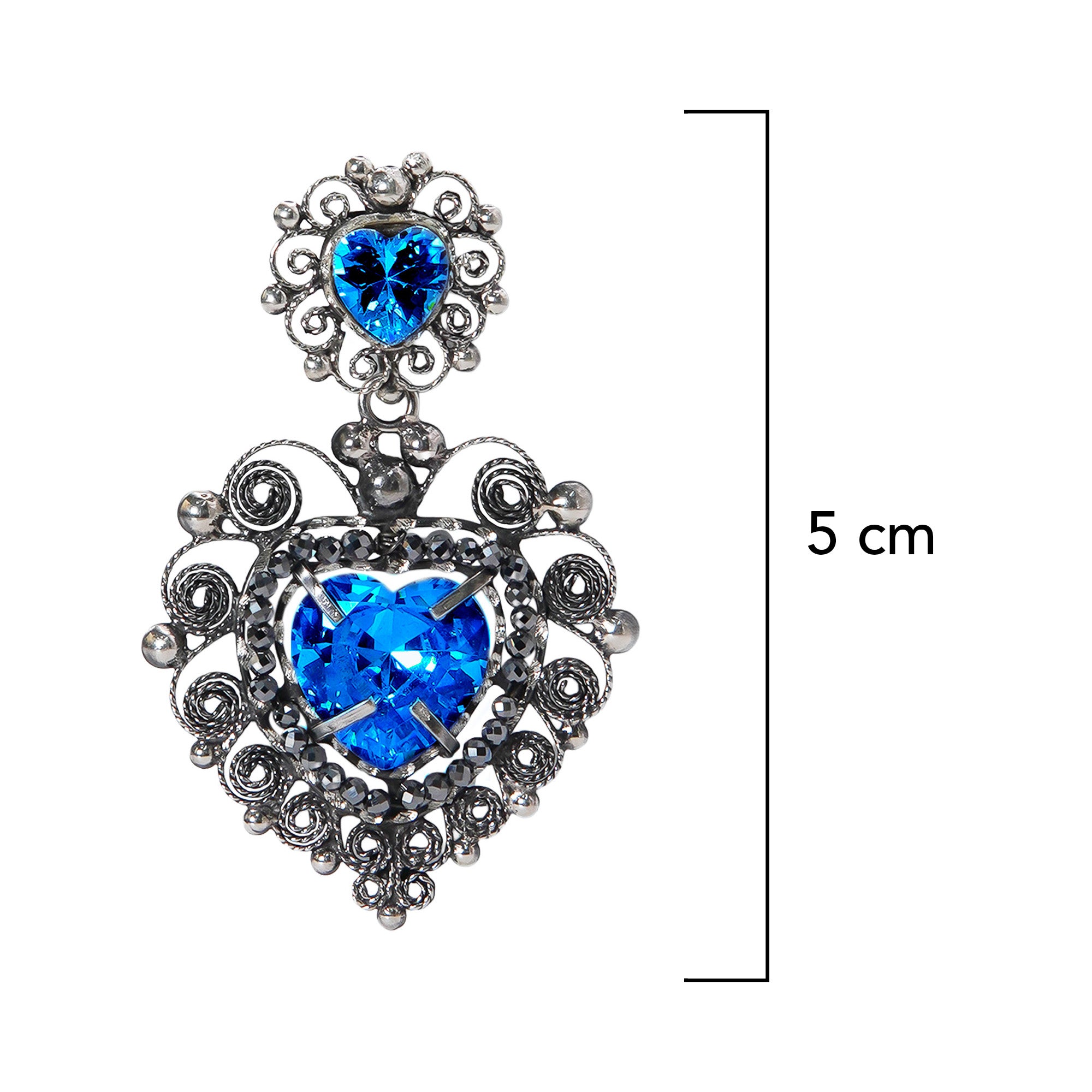 Aretes Filigrana Corazón Doble 5 cm con Circonia Azul Claro y Piedra Gris Hematite Distintos Colores Hecho a Mano Plata .925 Oxidado (Copia)