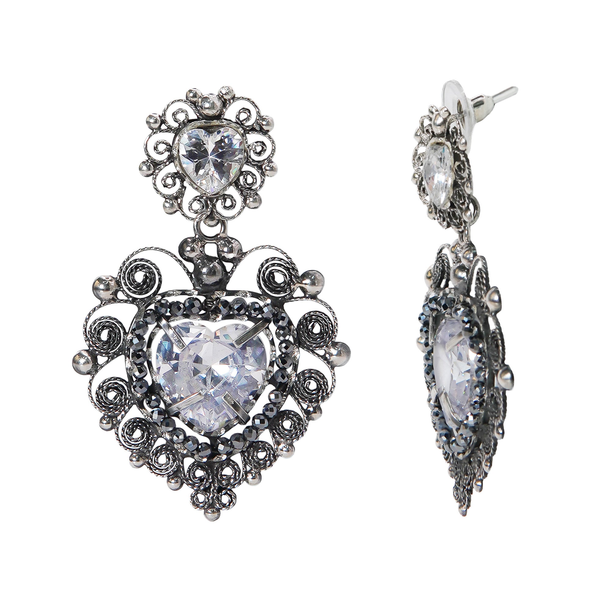 Aretes Filigrana Corazón Doble 5 cm con Circonia y Piedra Gris Hematite Distintos Colores Hecho a Mano Plata .925 Oxidado