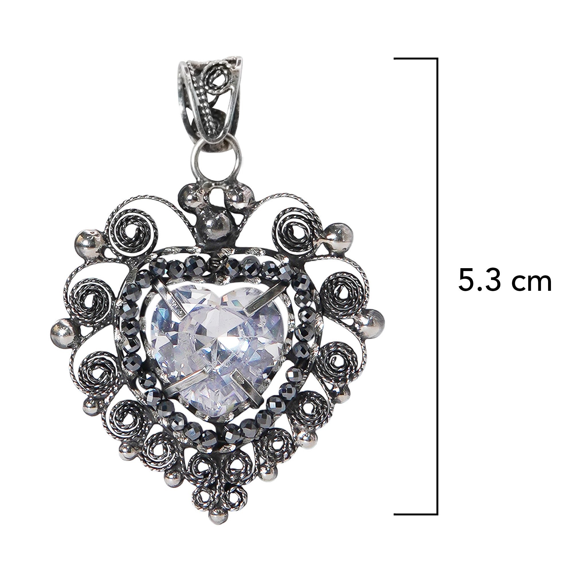 Dije Filigrana Corazón 5.3 cm Circonia Blanca y Piedra Gris Hematite, Hecho a Mano Plata .925 Oxidado