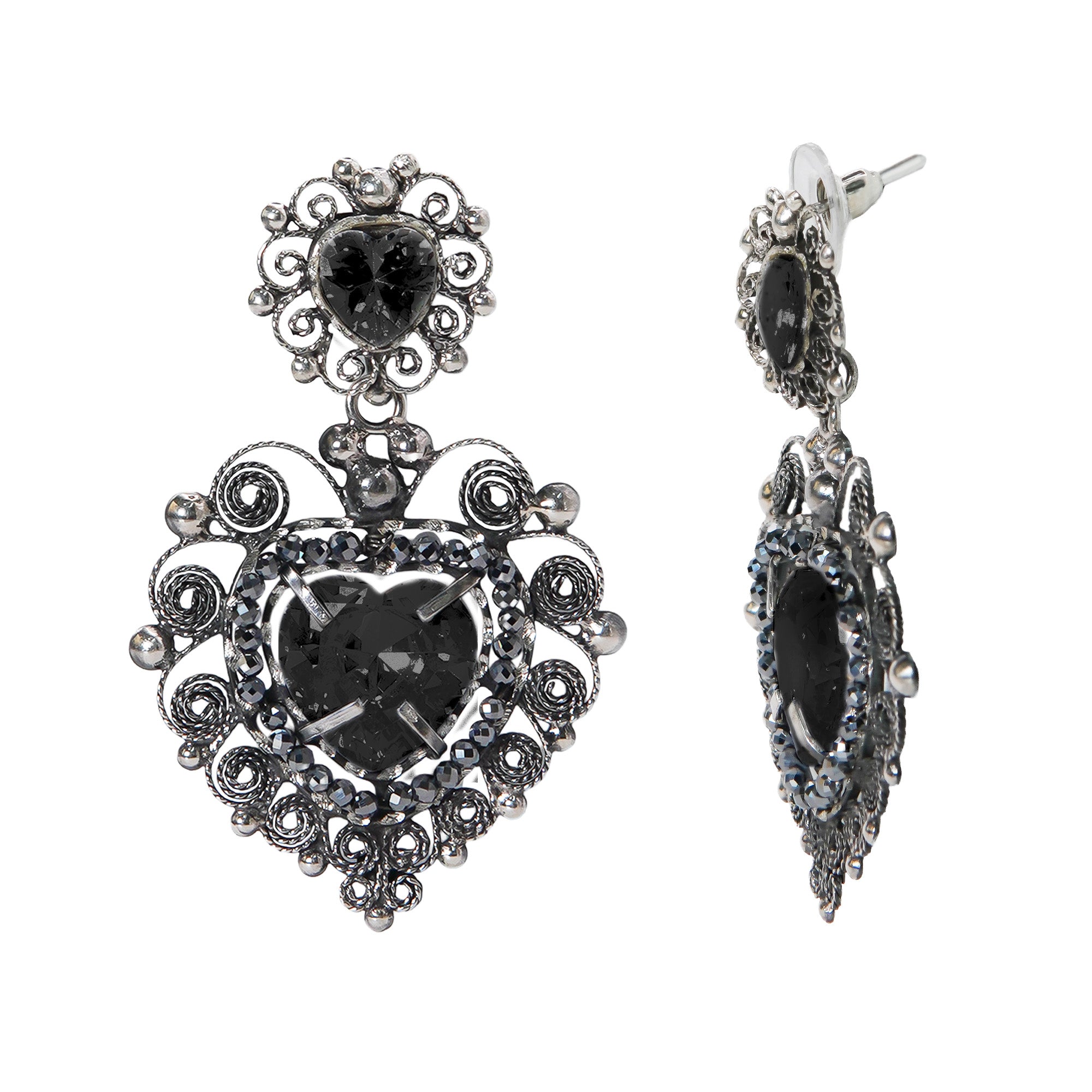 Aretes Filigrana Corazón Doble 5 cm con Circonia Negra y Piedra Gris Hematite Distintos Colores Hecho a Mano Plata .925 Oxidado