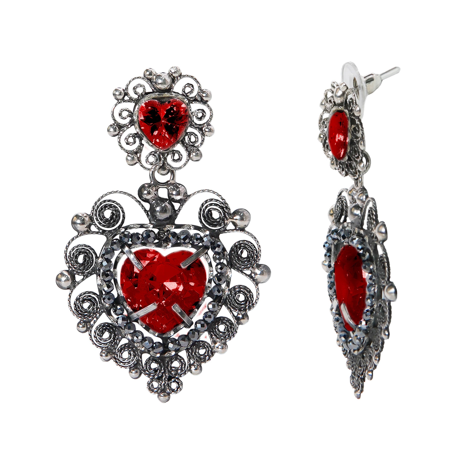 Aretes Filigrana Corazón Rojo Doble 5 cm con Circonia Roja y Piedra Gris Hematite Hecho a Mano Plata .925 Oxidado