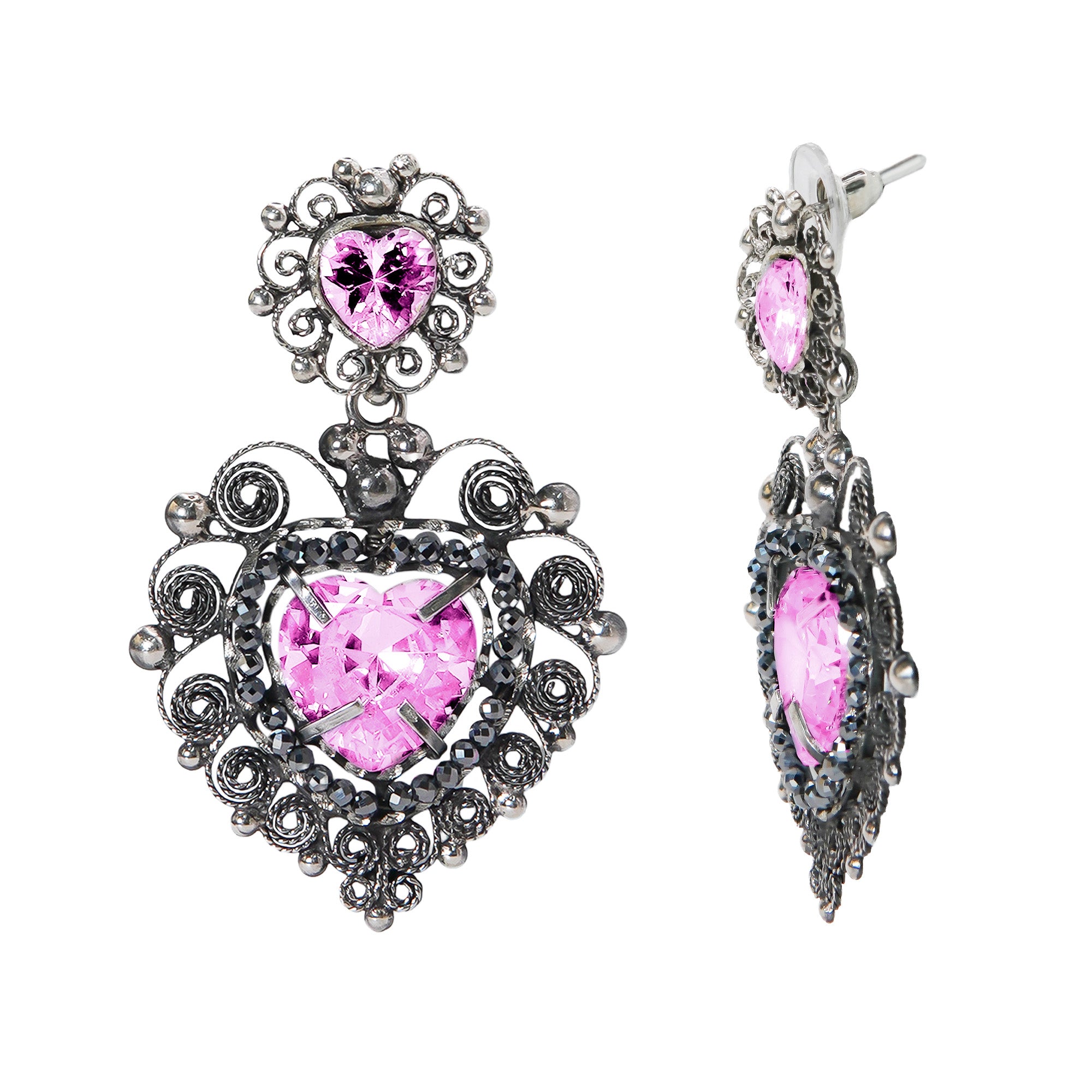 Aretes Filigrana Corazón Doble 5 cm con Circonia Rosa Claro y Piedra Gris Hematite Distintos Colores Hecho a Mano Plata .925 Oxidado