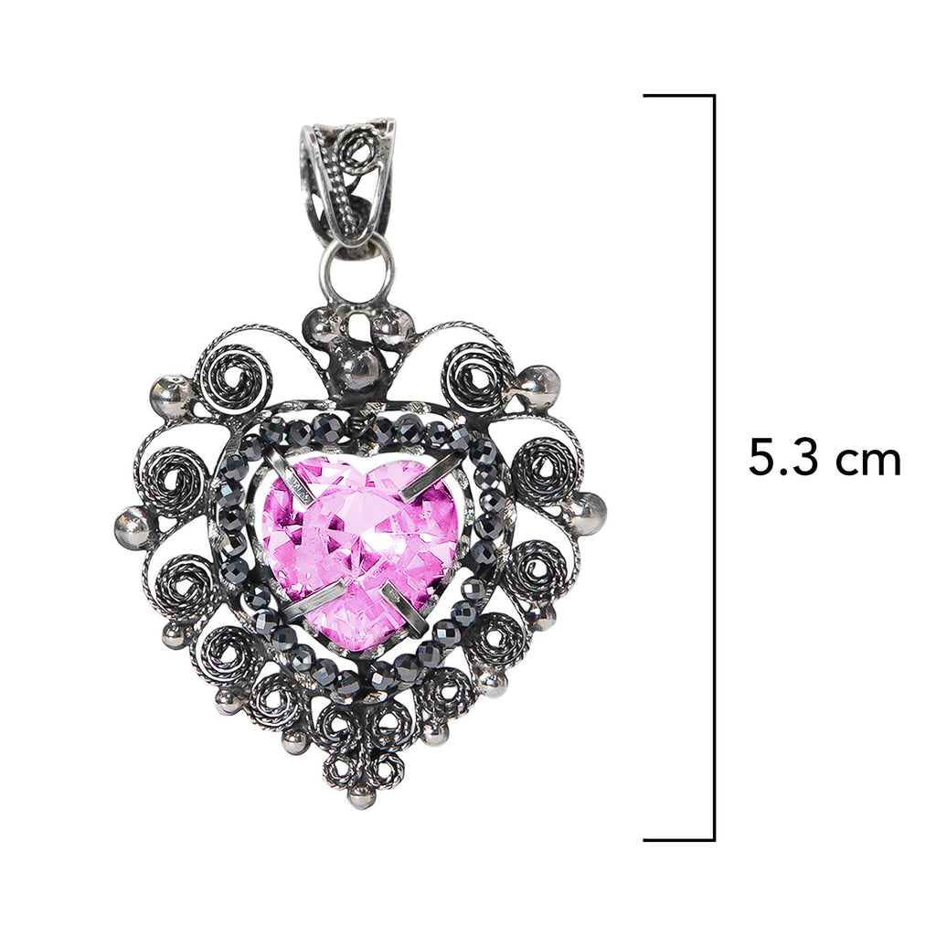 Dije Filigrana Corazón 5.3 cm Circonia Rosa Claro y Piedra Gris Hematite, Hecho a Mano Plata .925 Oxidado