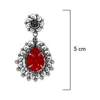 Aretes Filigrana 5 cm Gota y Circulo con Circonia Roja y Piedra Gris Hematite Hecho a Mano Plata .925 Oxidado