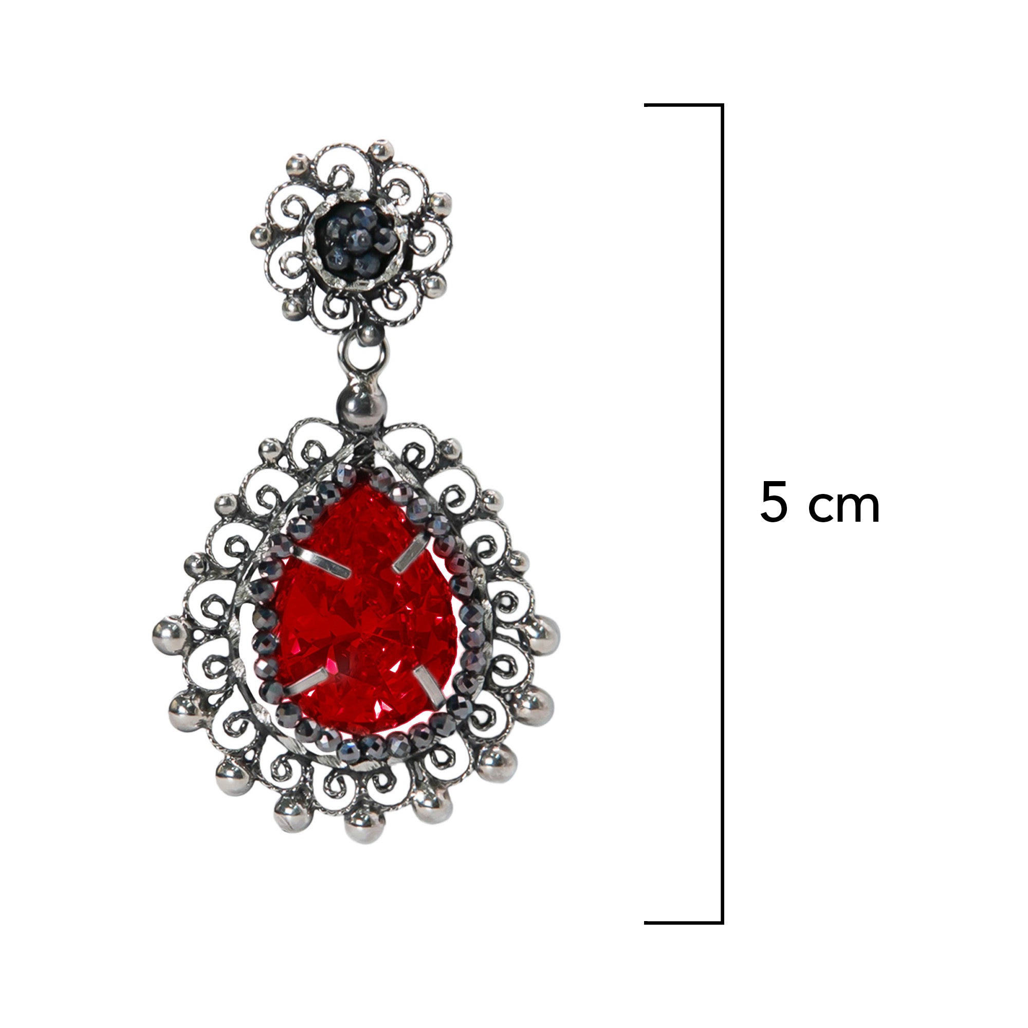 Aretes Filigrana 5 cm Gota y Circulo con Circonia Roja y Piedra Gris Hematite Hecho a Mano Plata .925 Oxidado
