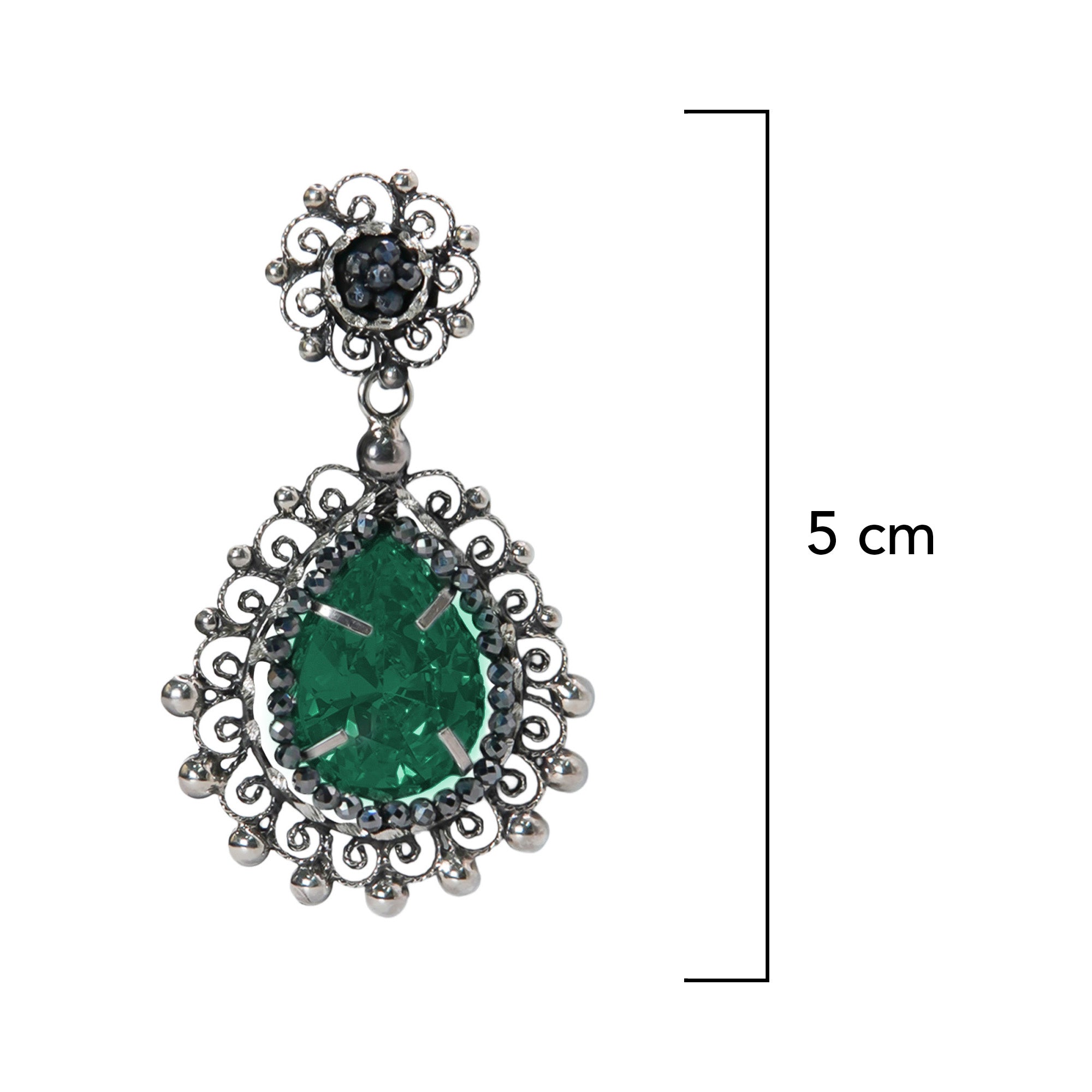 Aretes Filigrana 5 cm Gota y Circulo con Circonia Verde y Piedra Gris Hematite Hecho a Mano Plata .925 Oxidado (Copia) (Copia)