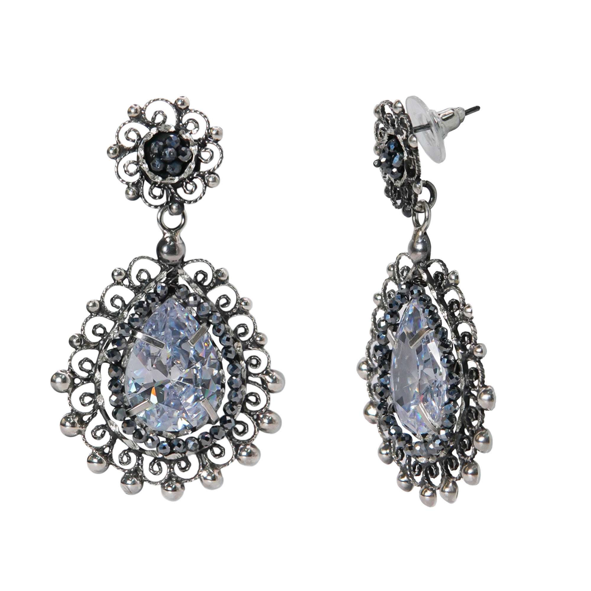 Aretes Filigrana Gota y Circulo 5cm con Circonia y Piedra Gris Hematite Hecho a Mano Plata .925 Oxidado