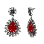 Aretes Filigrana 5 cm Gota y Circulo con Circonia Roja y Piedra Gris Hematite Hecho a Mano Plata .925 Oxidado
