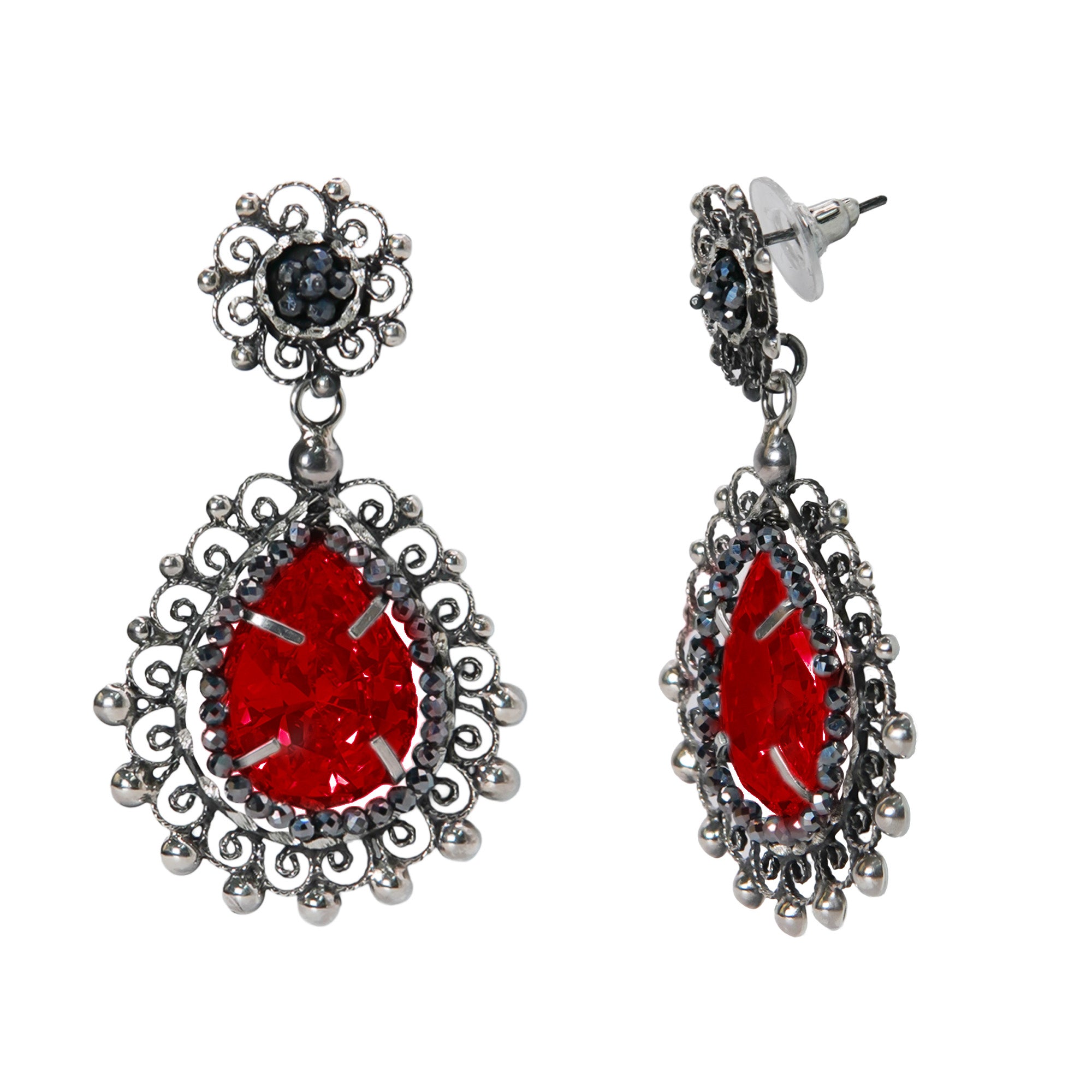 Aretes Filigrana 5 cm Gota y Circulo con Circonia Roja y Piedra Gris Hematite Hecho a Mano Plata .925 Oxidado