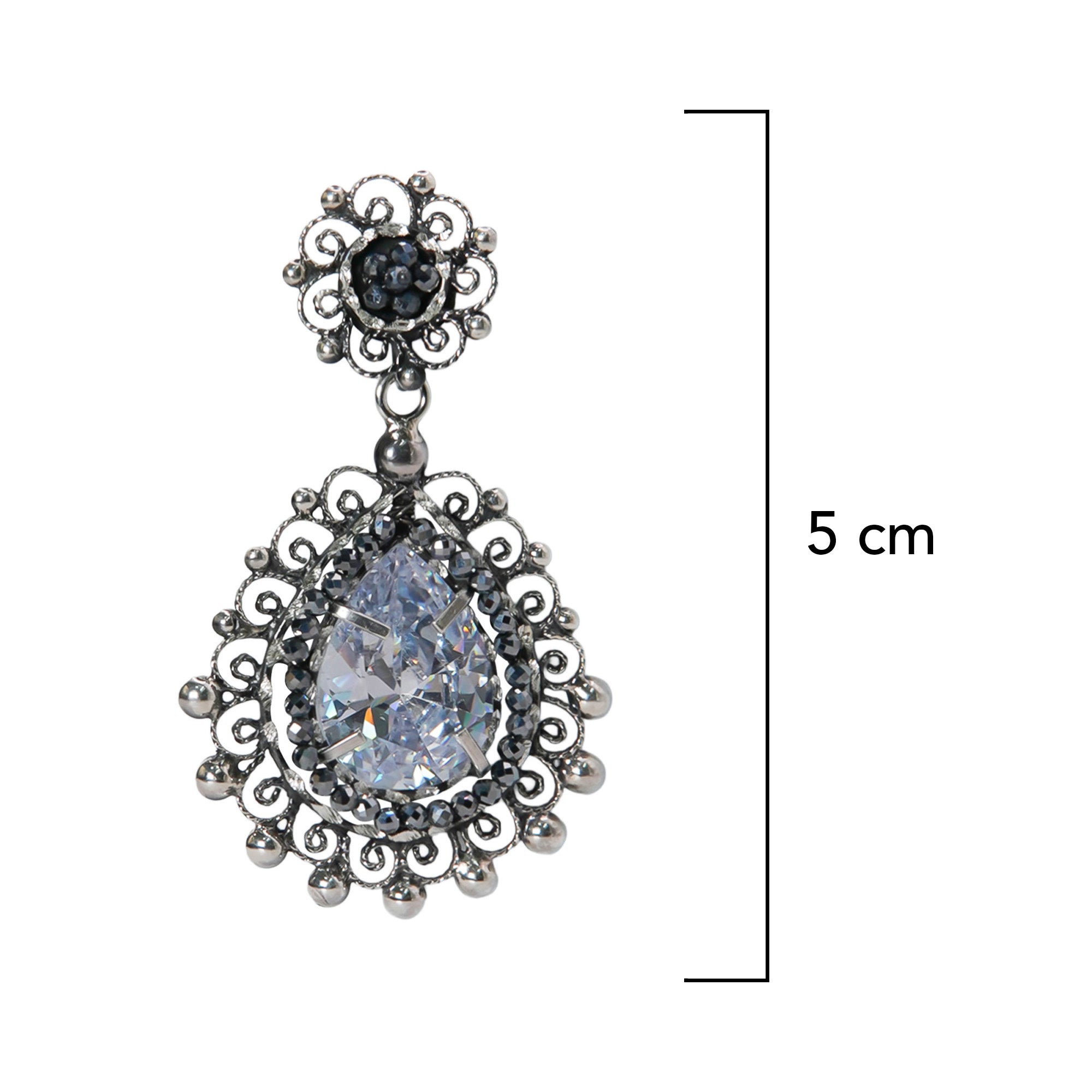 Aretes Filigrana Gota y Circulo 5cm con Circonia y Piedra Gris Hematite Hecho a Mano Plata .925 Oxidado