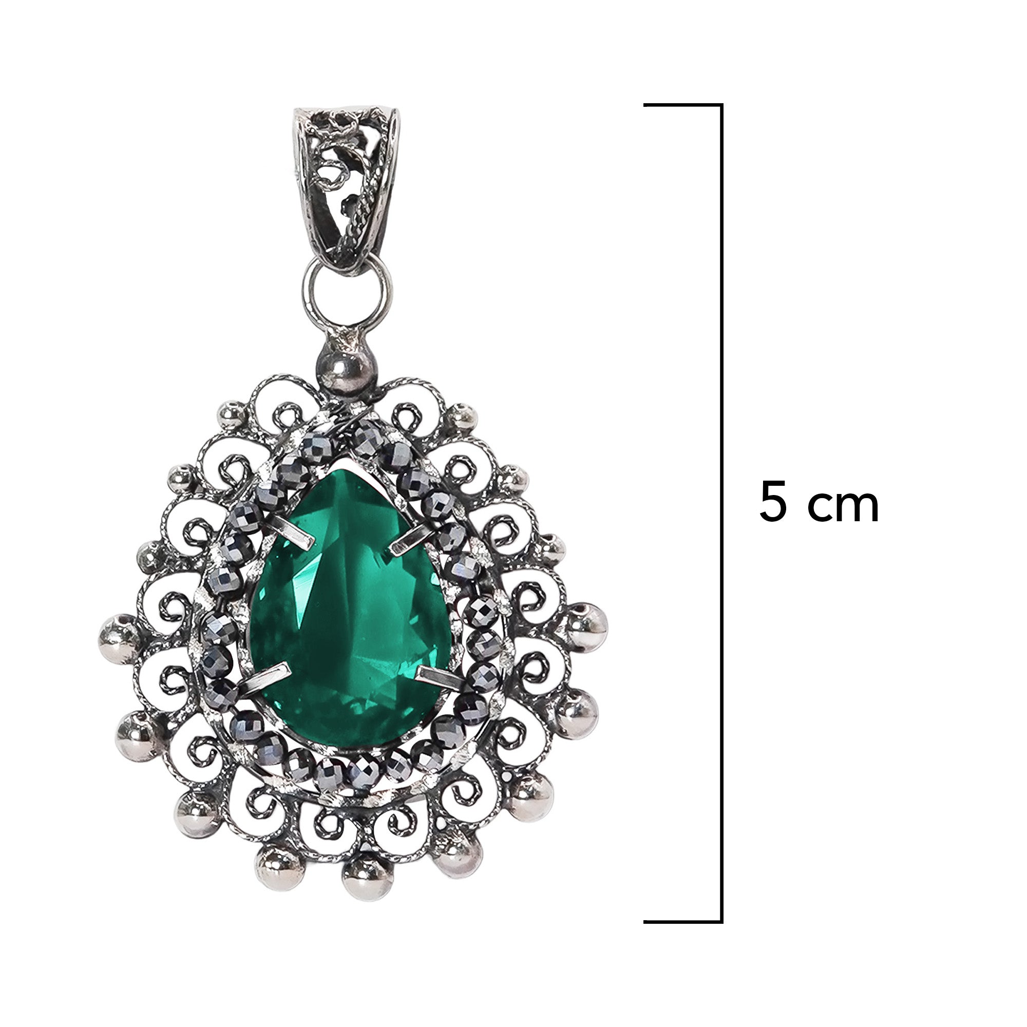Dije Filigrana Gota 5cm con Circonia Verde y Piedra Gris Hematite Distintos Colores Hecho a Mano Plata .925 Oxidado