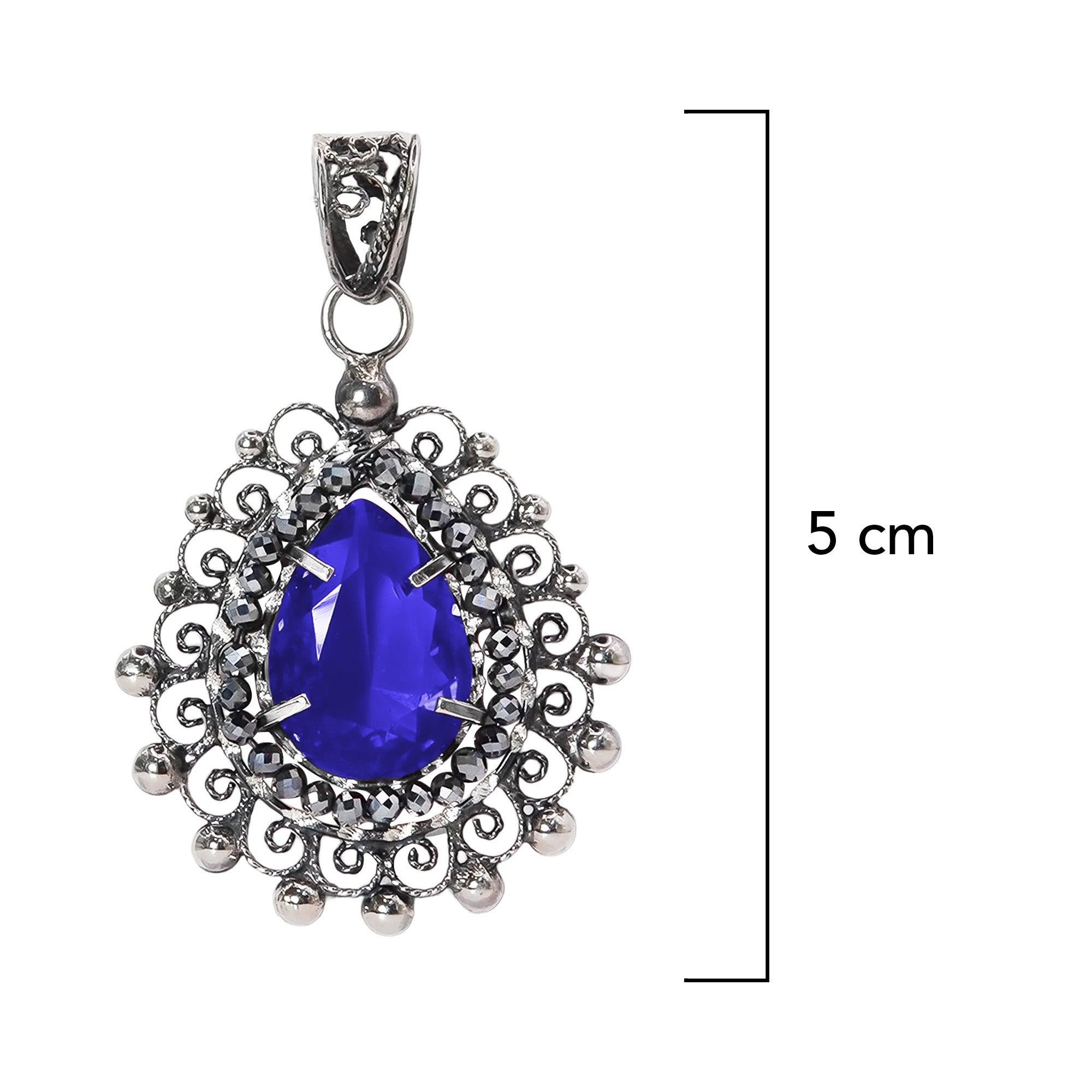 Dije Filigrana Gota 5 cm con Circonia Azul y Piedra Gris Hematite Distintos Colores Hecho a Mano Plata .925 Oxidado
