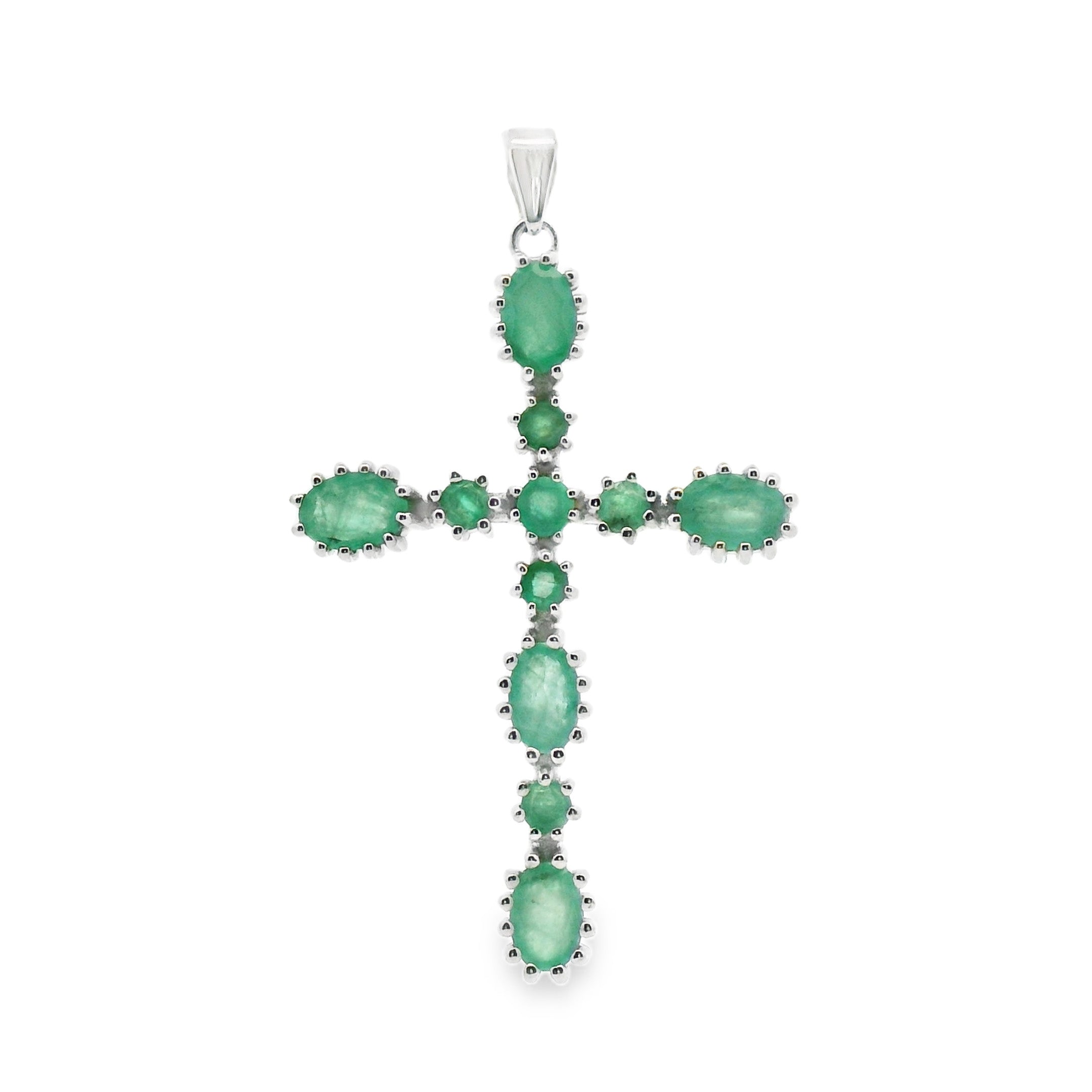 Dije Piedra Preciosa Cruz de Esmeraldas Plata .925 con Baño de Rodio