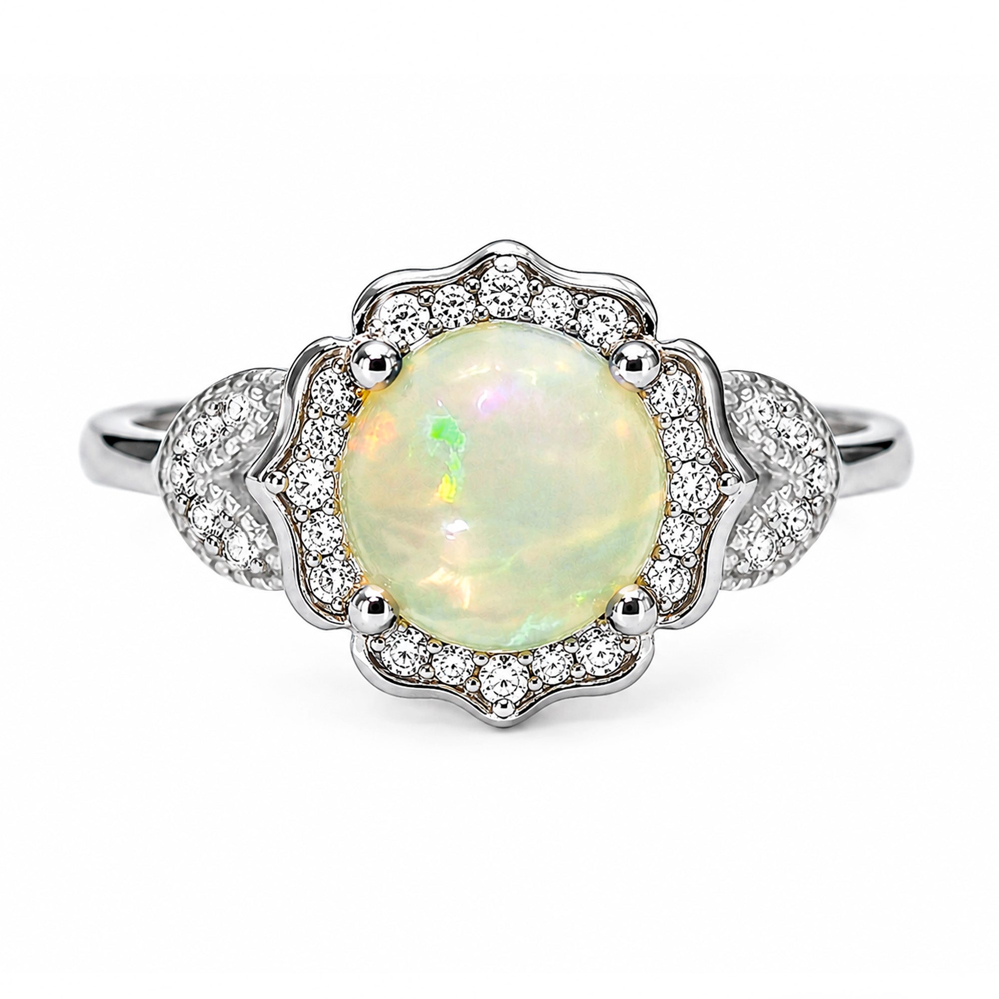Anillo Piedras Preciosas Flor Ópalo de Etiopía con Circonias, Plata .925 con Rodio
