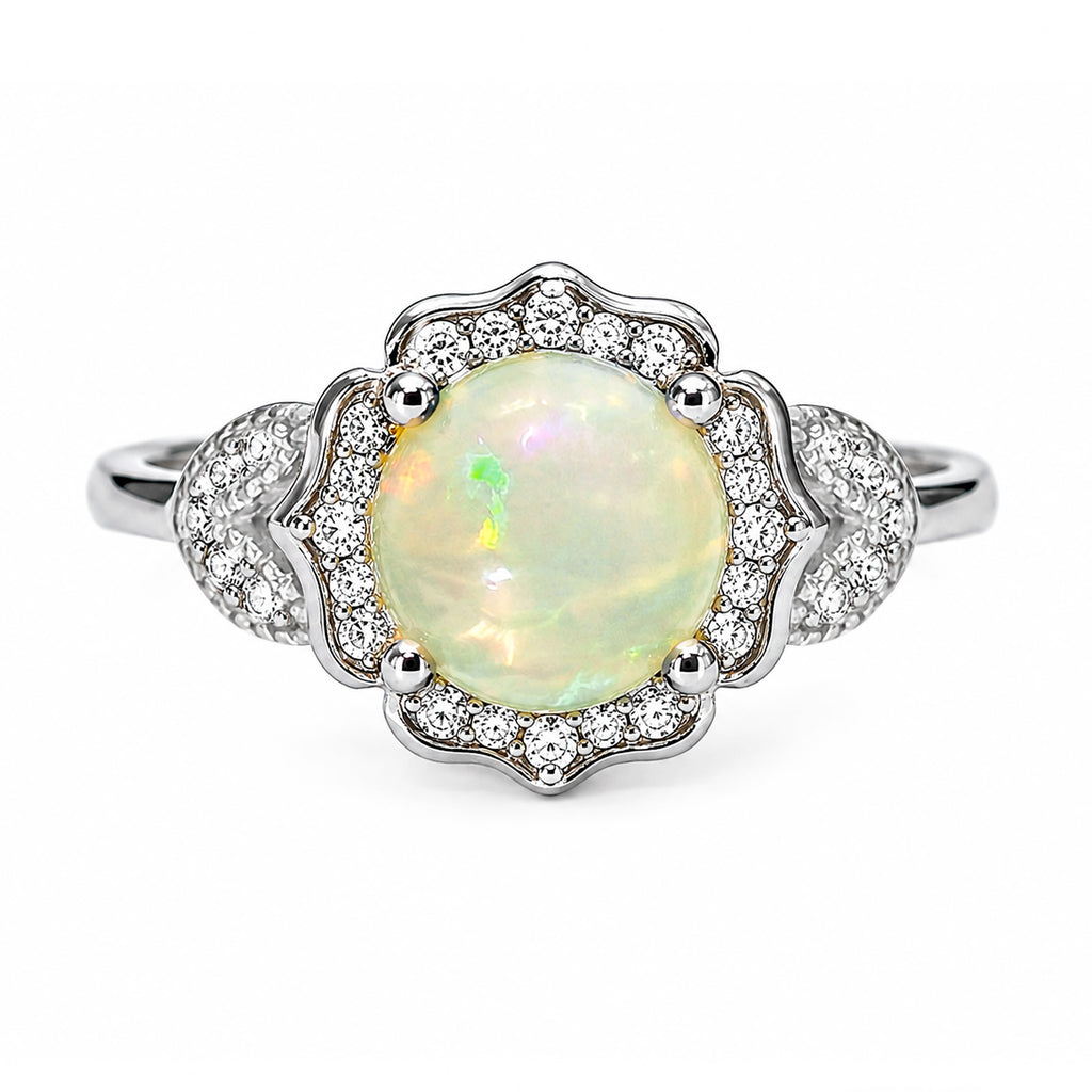 Anillo Piedras Preciosas Flor Ópalo de Etiopía con Circonias, Plata .925 con Baño de Rodio