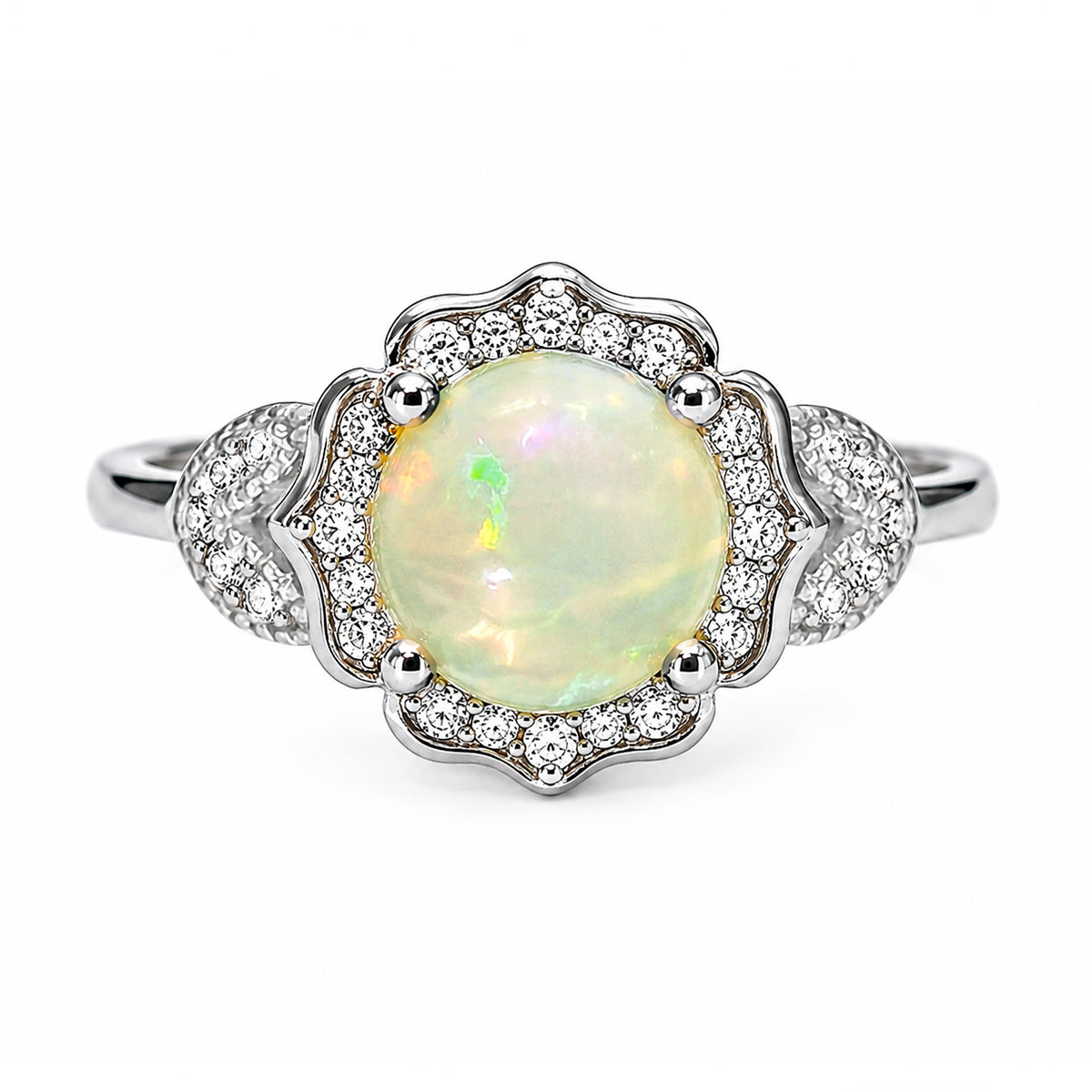 Anillo Piedras Preciosas Flor Ópalo de Etiopía con Circonias, Plata .925 con Rodio