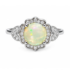 Anillo Piedras Preciosas Flor Ópalo de Etiopía con Circonias, Plata .925 con Rodio