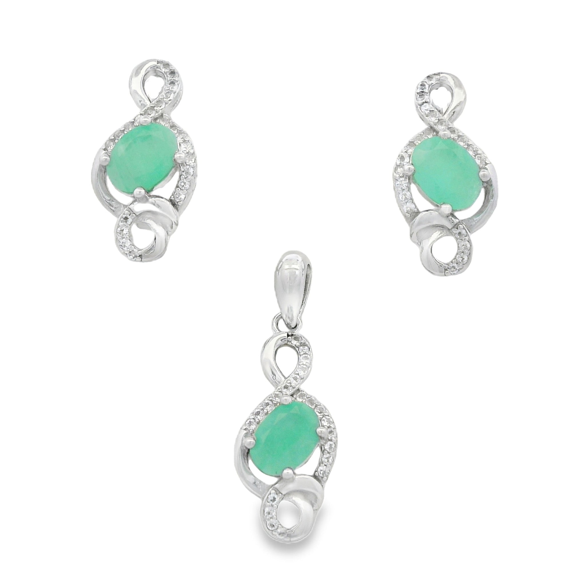 Juego Piedras Preciosas Notas Musicales Aretes y Dijes Esmeralda, Plata .925 con Baño de Rodio
