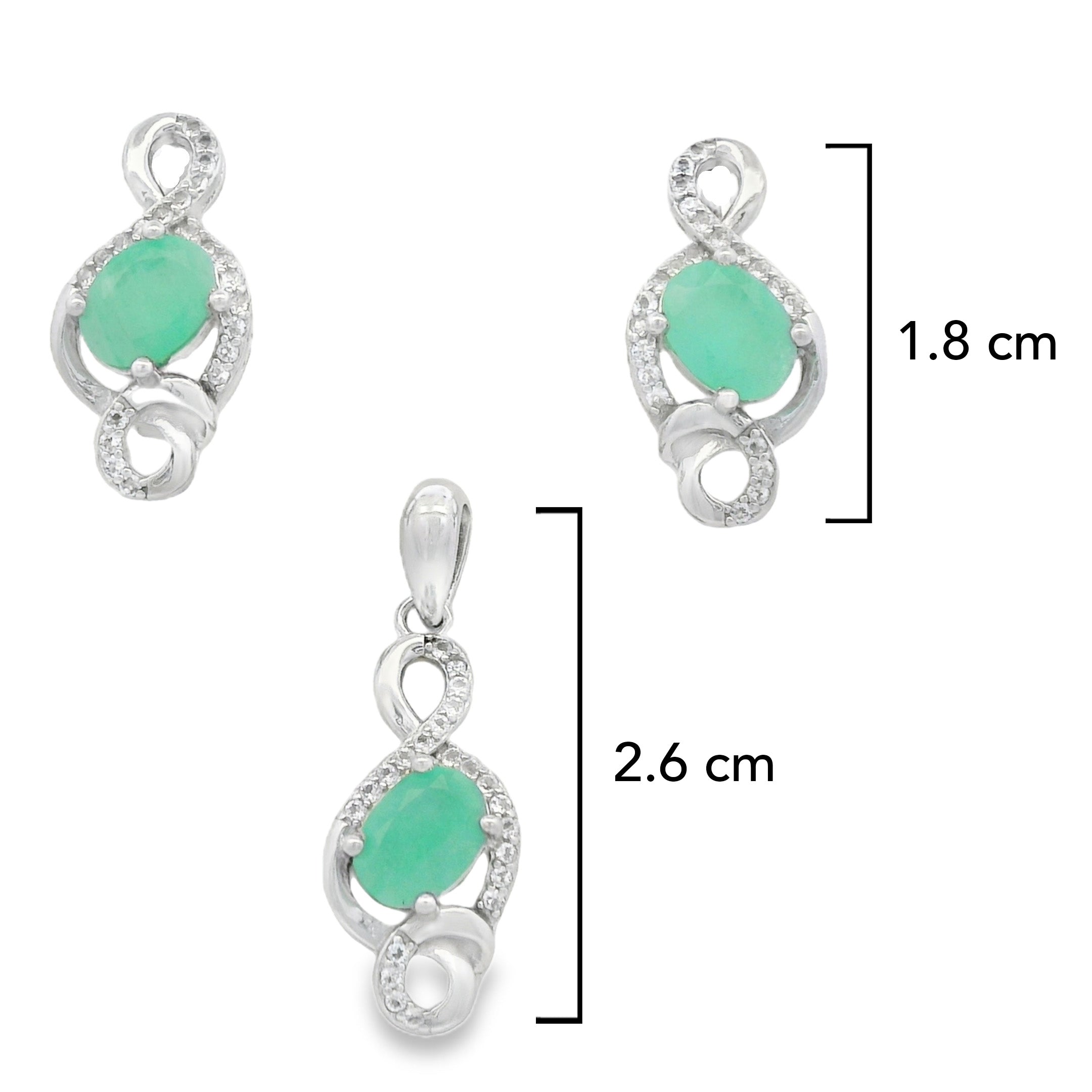 Juego Piedras Preciosas Notas Musicales Aretes y Dijes Esmeralda, Plata .925 con Baño de Rodio