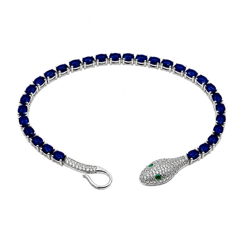Pulsera Piedra Preciosa Serpiente con Zafiros y Circonias, Plata .925 con Baño de Rodio