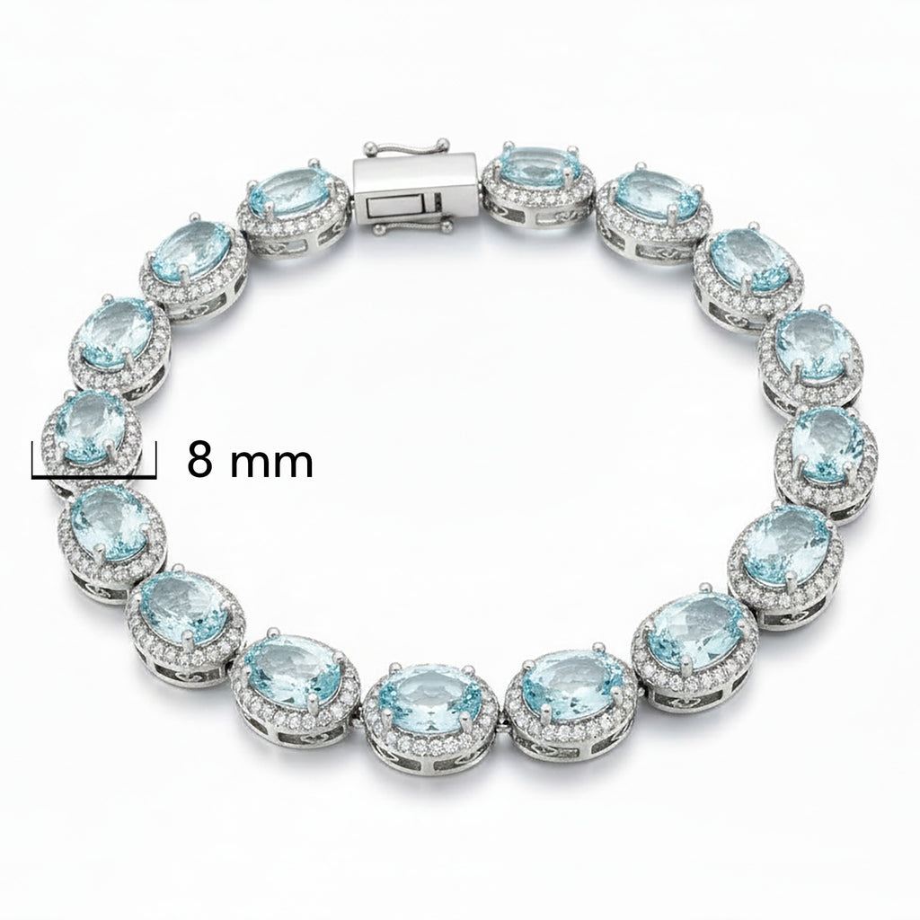 Pulsera Piedras Preciosas Aguamarina Óvalos con Circonias Plata .925 con Baño de Rodio. 19 cm