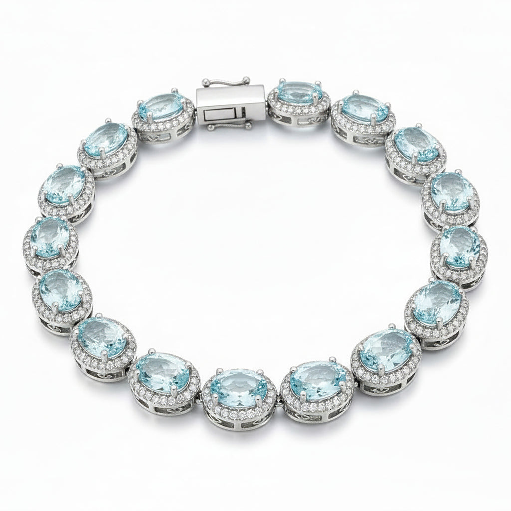 Pulsera Piedras Preciosas Aguamarina Óvalos con Circonias Plata .925 con Baño de Rodio. 19 cm