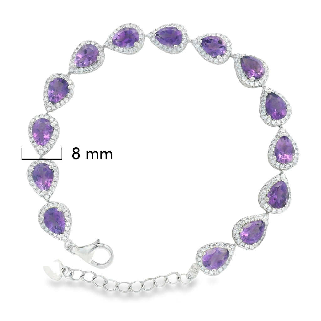 Pulsera Piedras Preciosas Gota Amatista con Circonias Plata .925 con Baño de Rodio