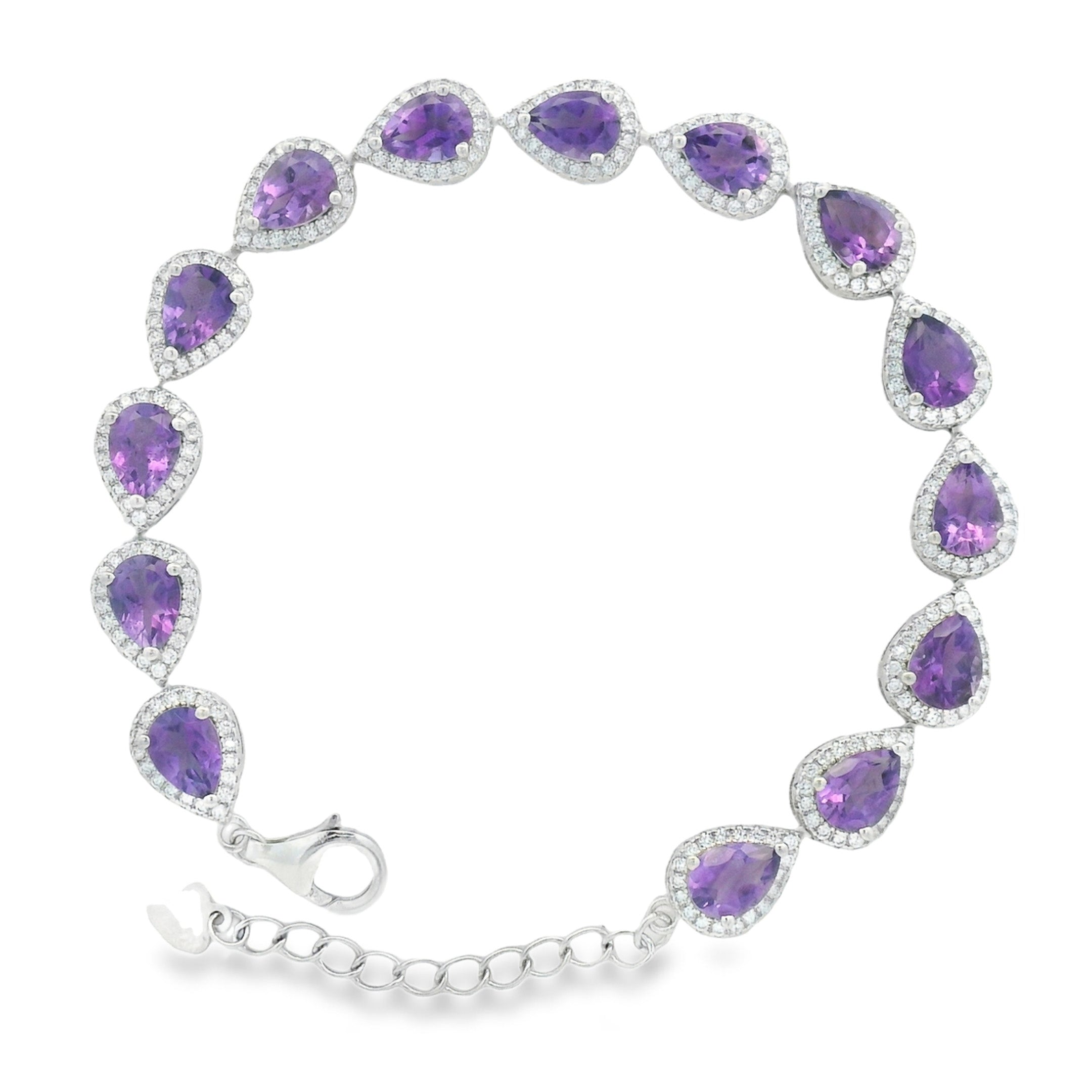 Pulsera Piedras Preciosas Gota Amatista con Circonias Plata .925 con Baño de Rodio