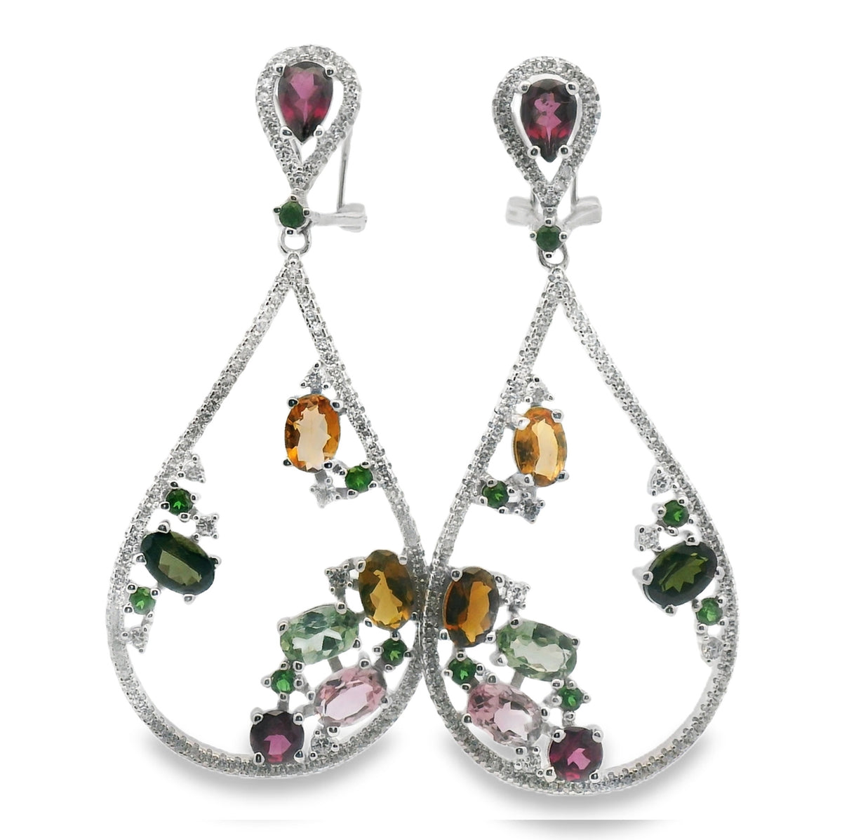 Aretes de Gota Piedras Preciosas, Turmalina, Citrino, Amatista, Agua Marina Plata .925 con Baño de Rodio