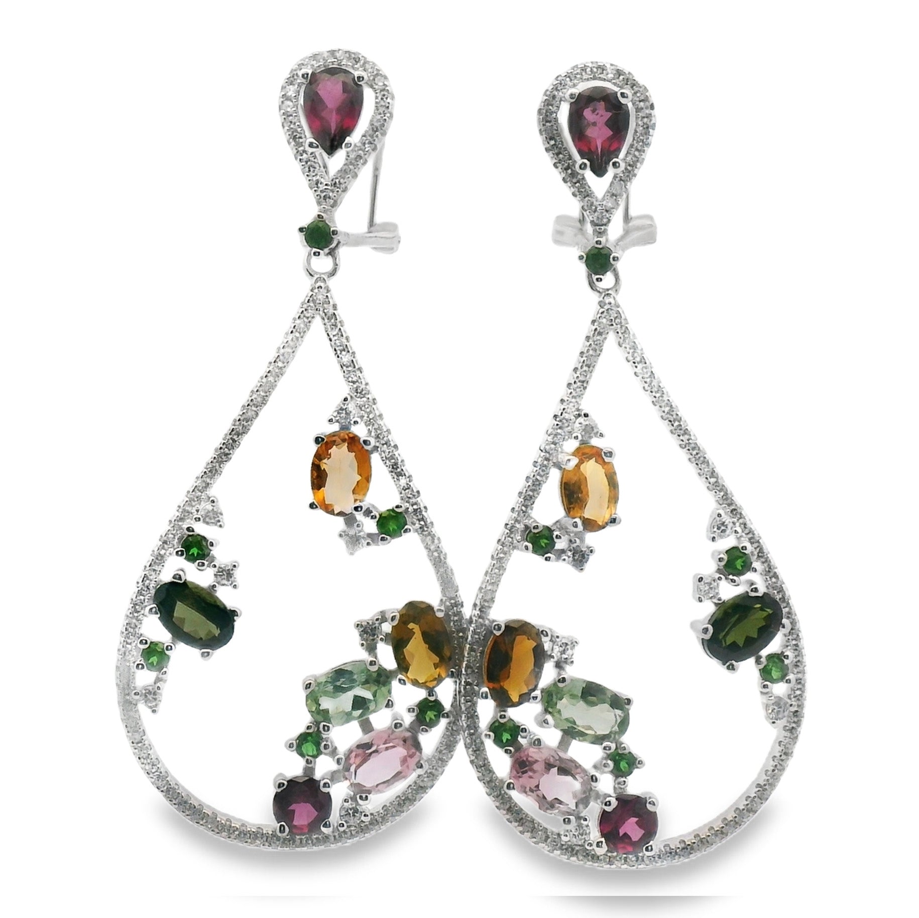 Aretes de Gota Piedras Preciosas, Turmalina, Citrino, Amatista, Agua Marina Plata .925 con Baño de Rodio